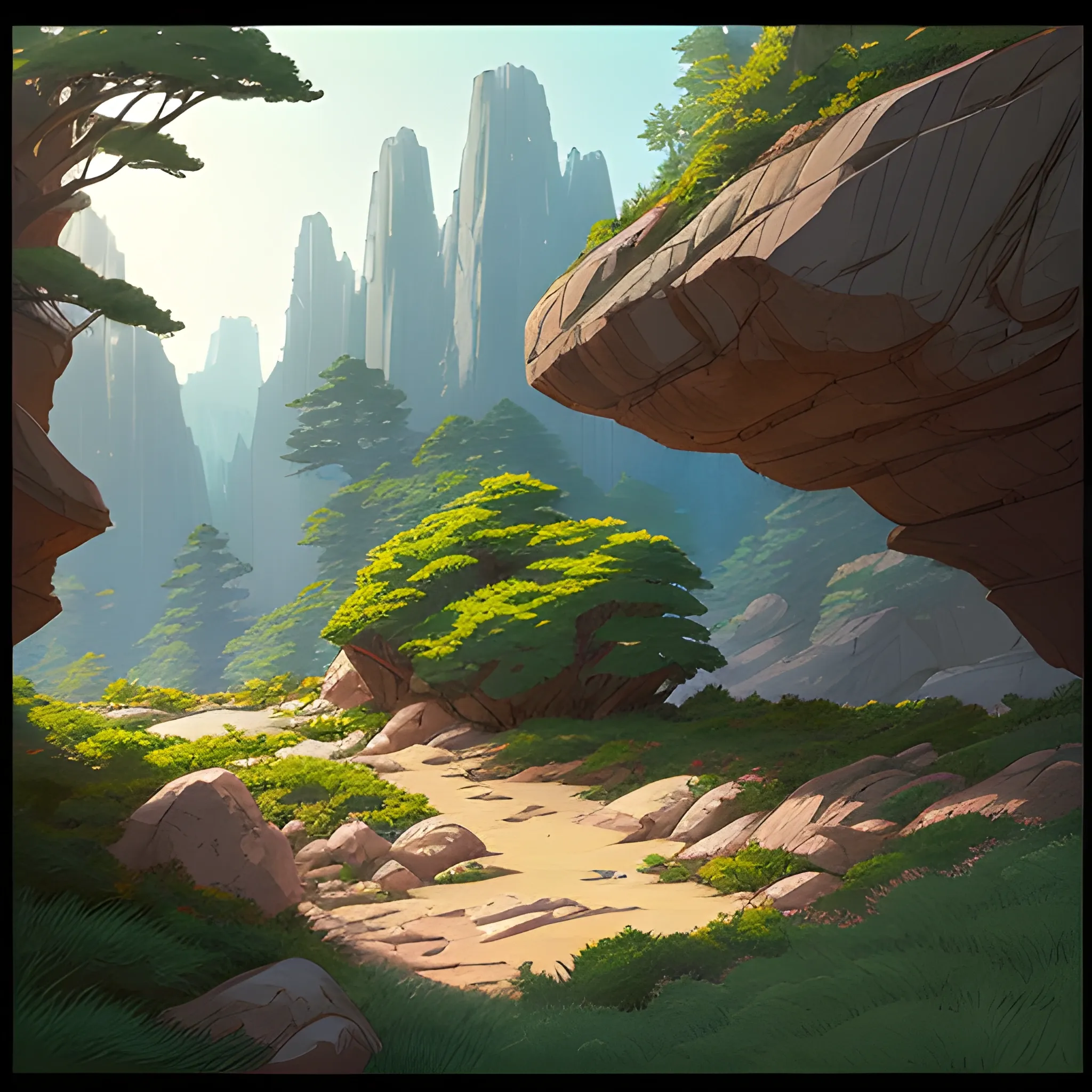 horizontal view with bush and rocks... in the style of makoto shinkai and greg rutkowski and albert bierstadt and james gurney, Cartoon