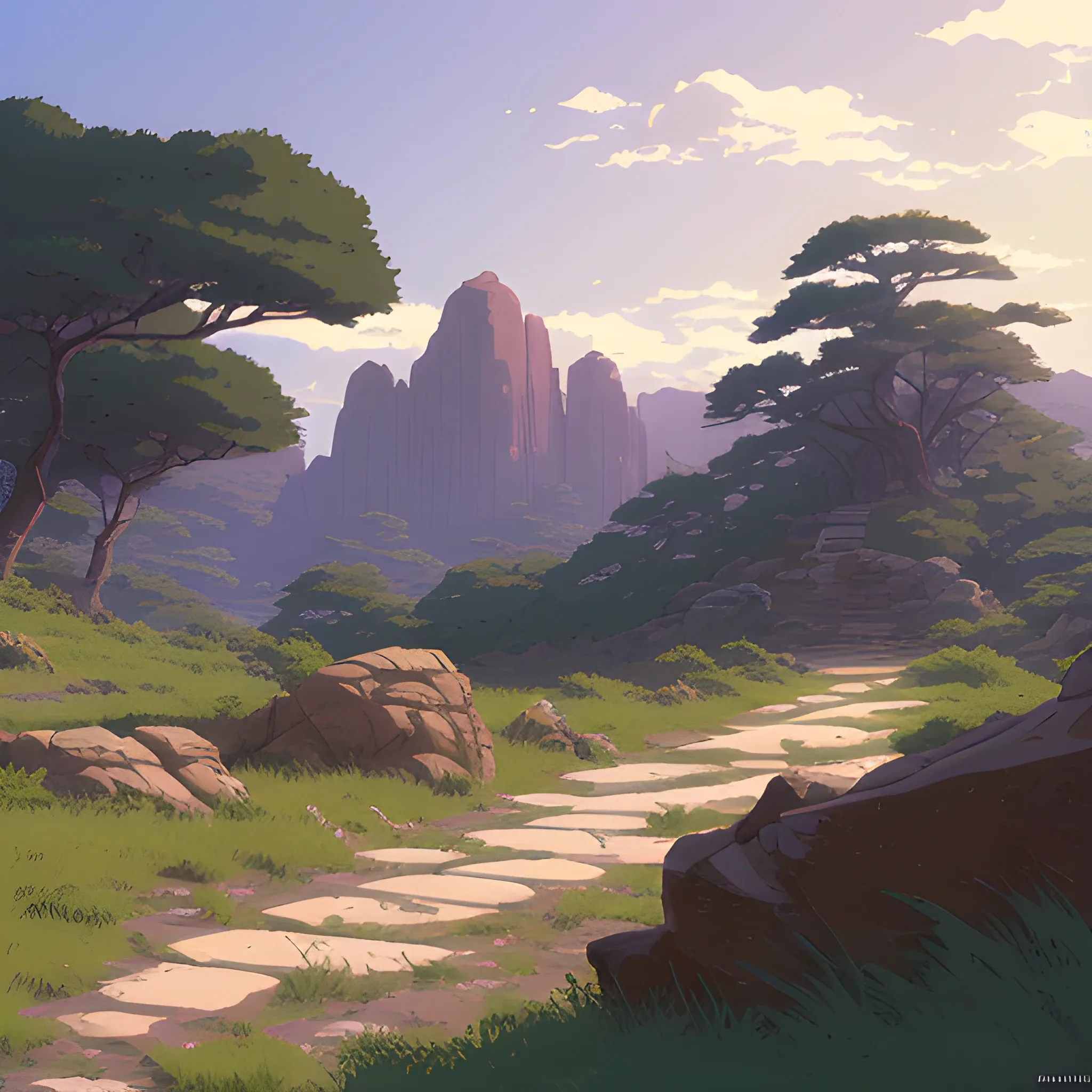 horizontal view with bush and rocks... in the style of makoto shinkai and greg rutkowski and albert bierstadt and james gurney, Cartoon