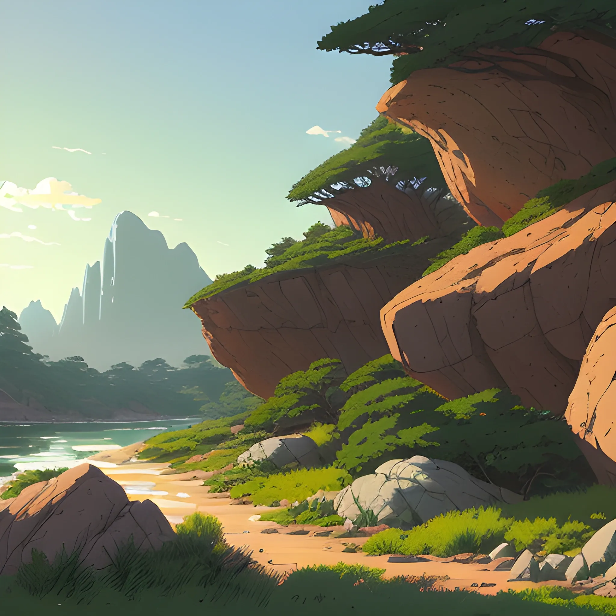 horizontal view with bush and rocks... in the style of makoto shinkai and greg rutkowski and albert bierstadt and james gurney, Cartoon