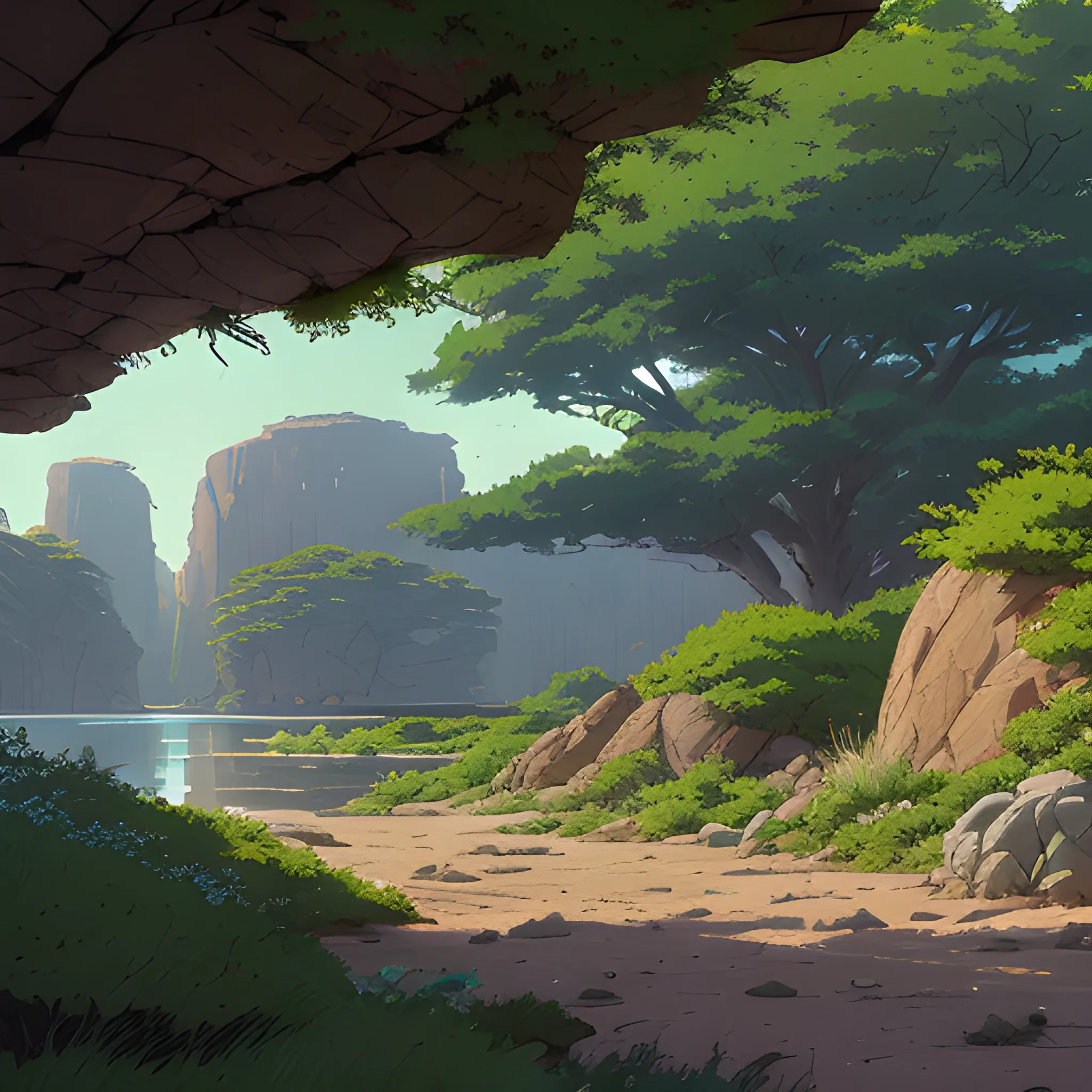 horizontal view with bush and rocks... in the style of makoto shinkai and greg rutkowski and albert bierstadt and james gurney, Cartoon