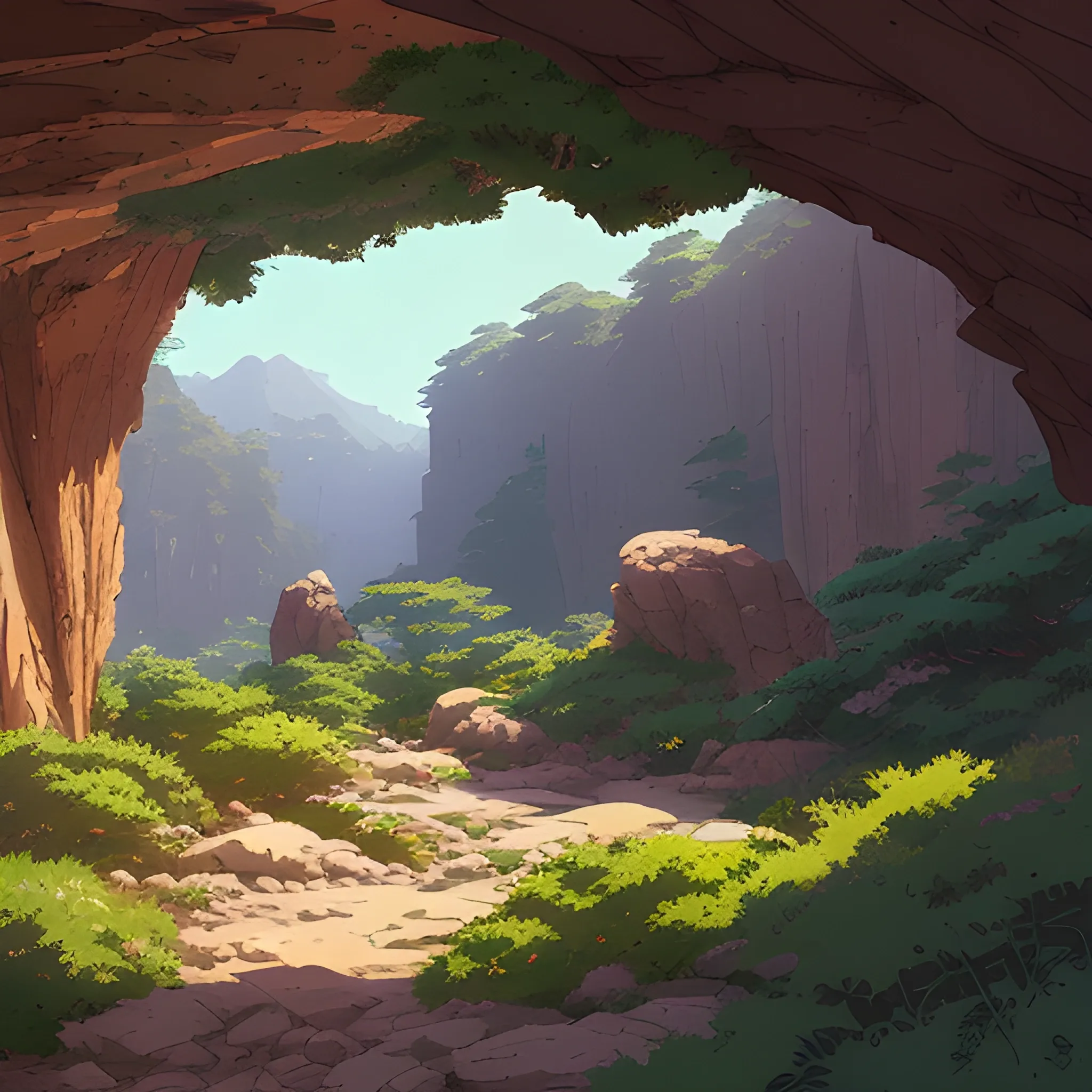 horizontal view with bush and rocks... in the style of makoto shinkai and greg rutkowski and albert bierstadt and james gurney, Cartoon