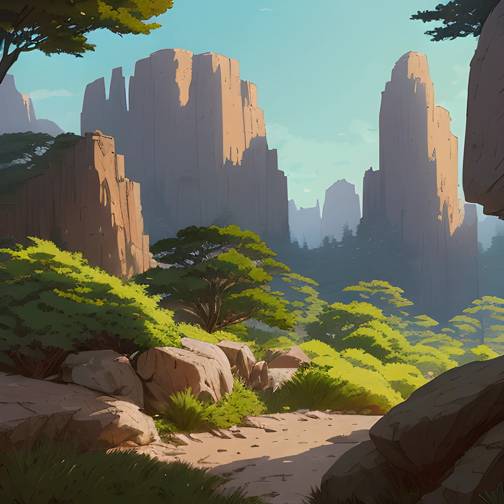 horizontal view with bush and rocks... in the style of makoto shinkai and greg rutkowski and albert bierstadt and james gurney, Cartoon