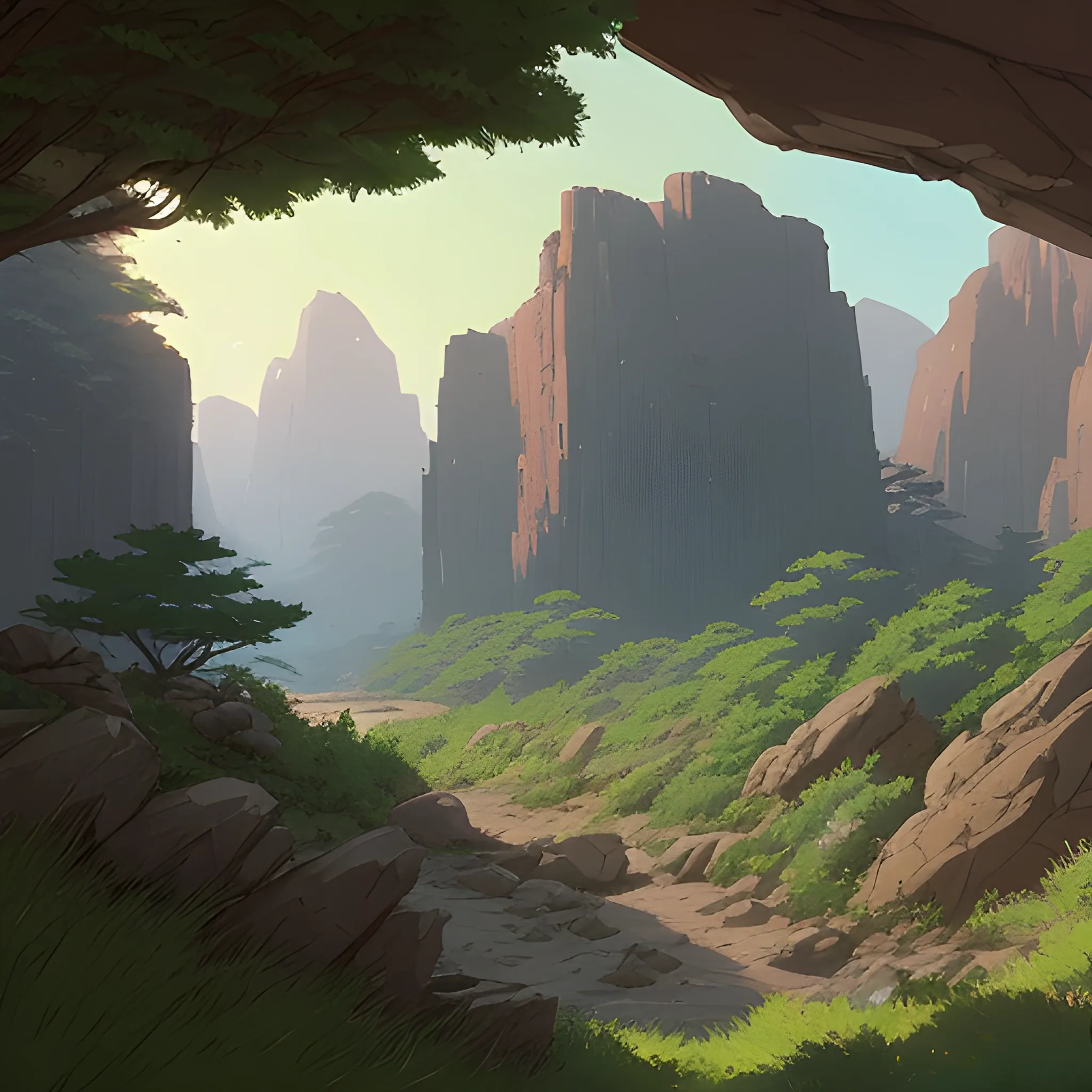 horizontal view with bush and rocks... in the style of makoto shinkai and greg rutkowski and albert bierstadt and james gurney, Cartoon