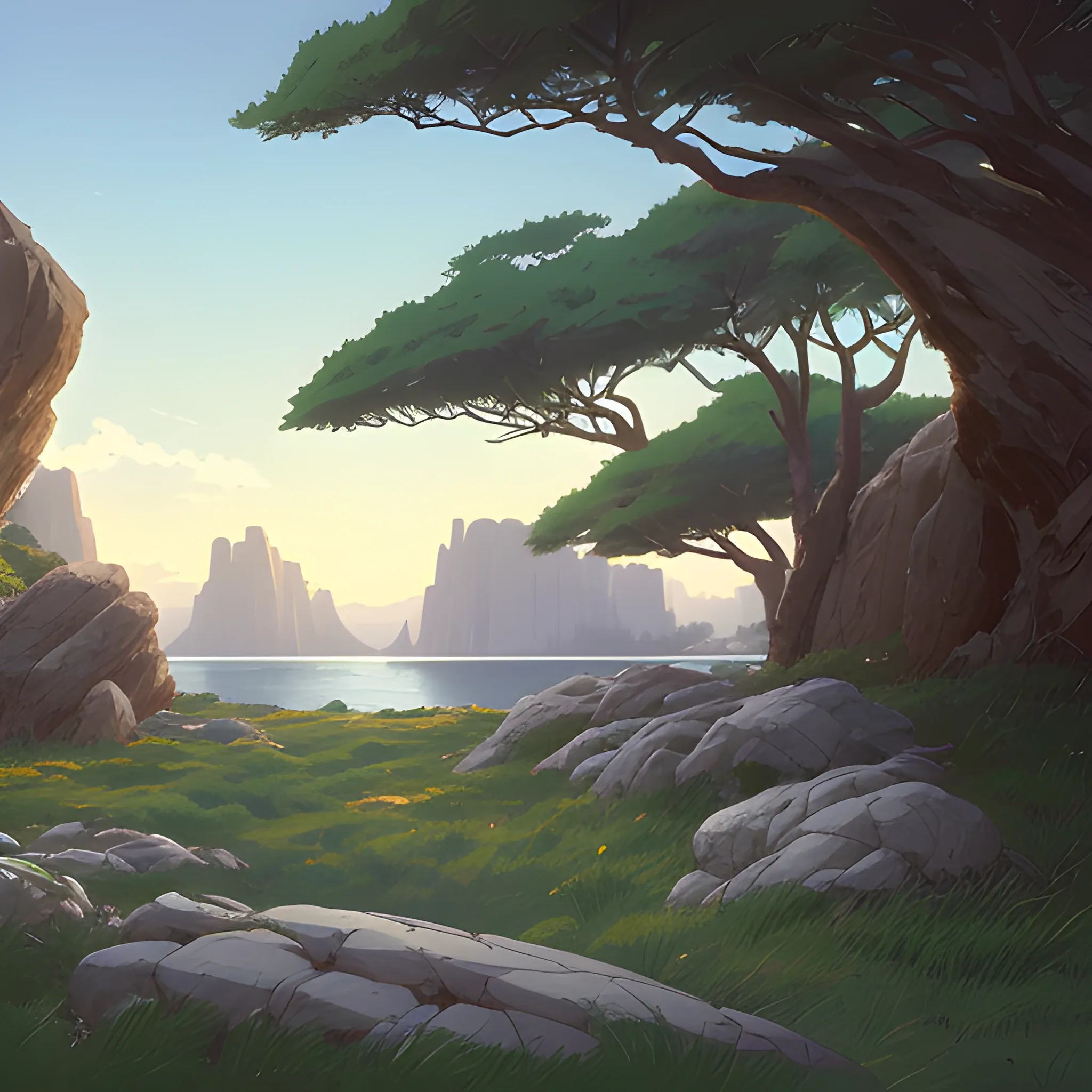 horizontal view with bush and rocks... in the style of makoto shinkai and greg rutkowski and albert bierstadt and james gurney, Cartoon