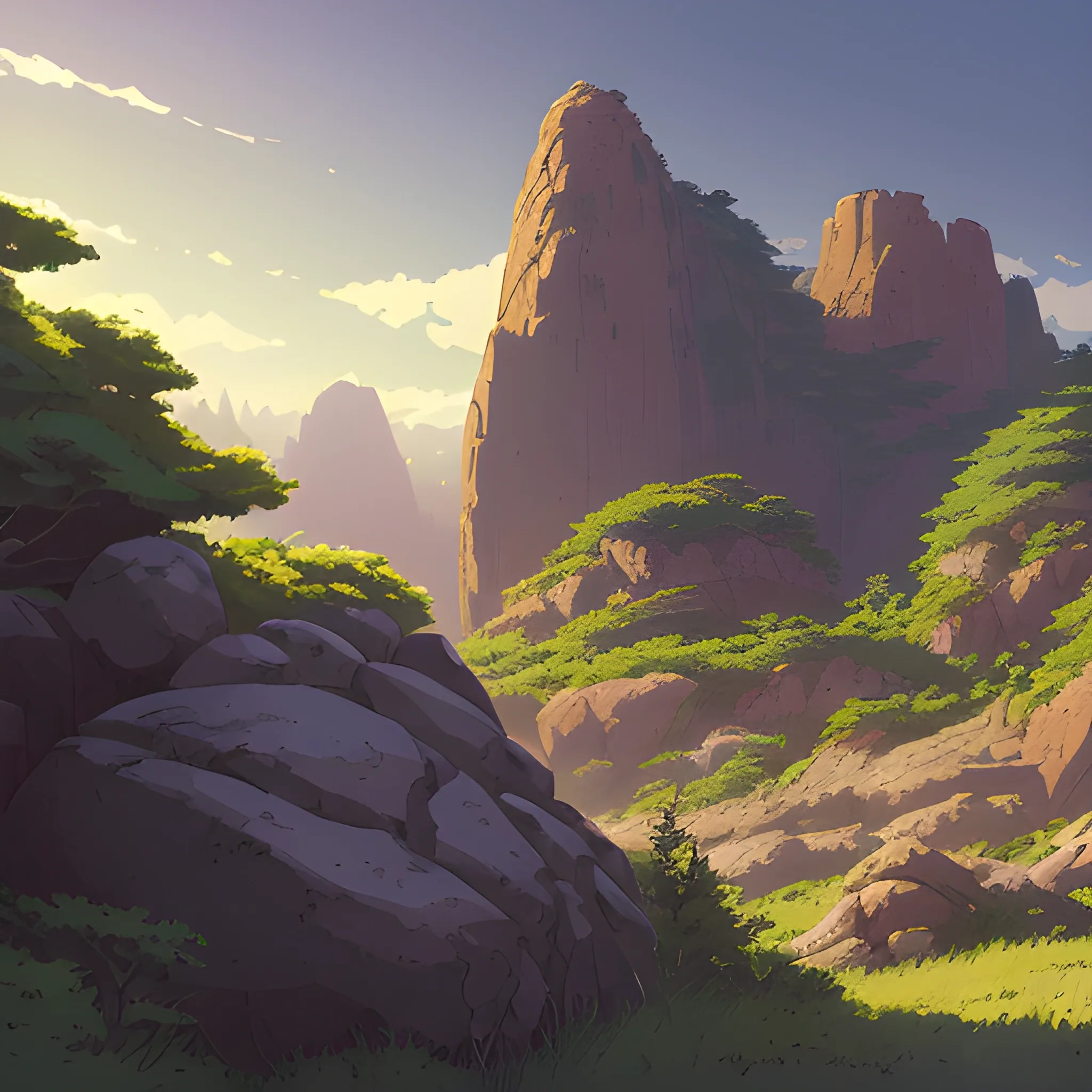 horizontal view with bush and rocks... in the style of makoto shinkai and greg rutkowski and albert bierstadt and james gurney, Cartoon