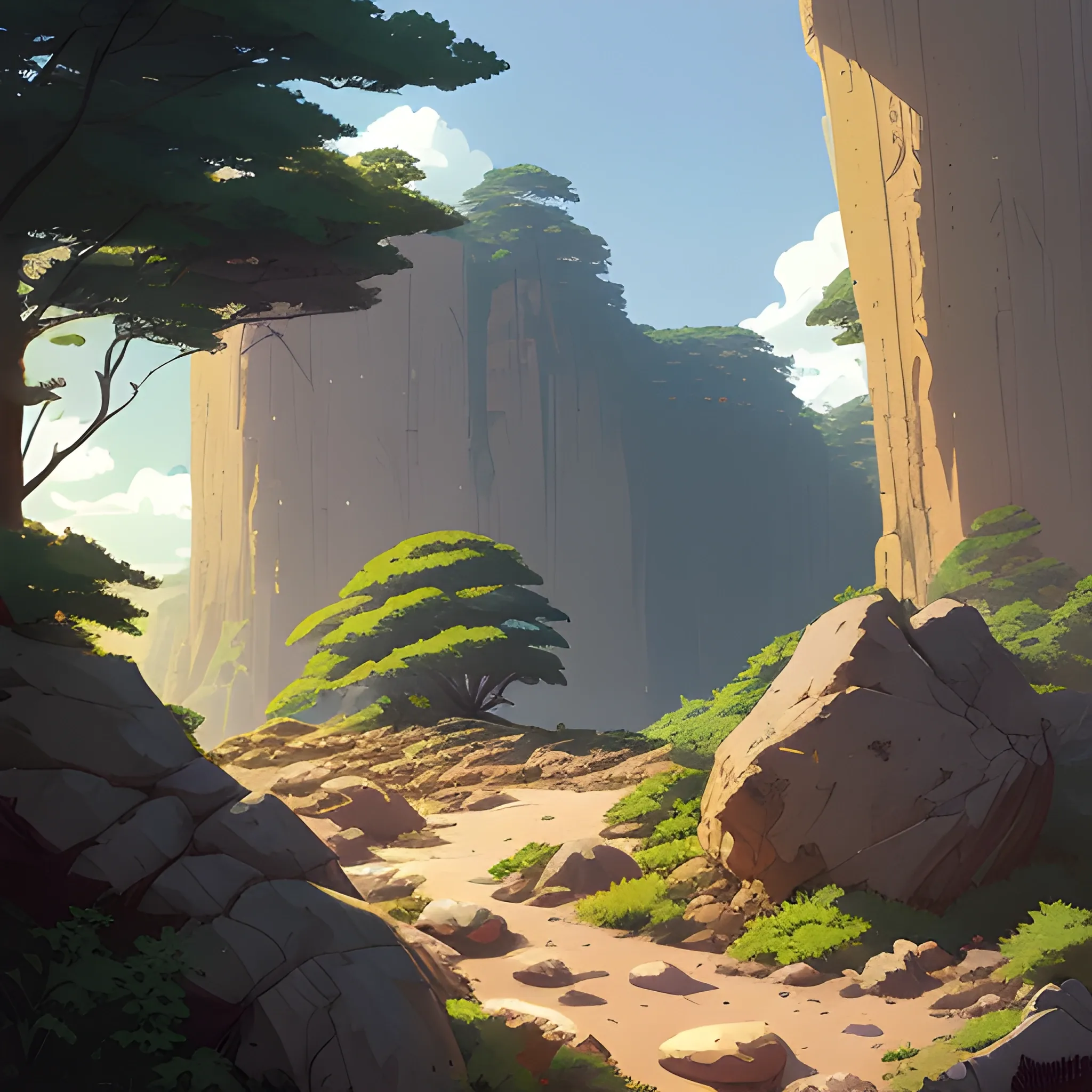 horizontal view with bush and rocks... in the style of makoto shinkai and greg rutkowski and albert bierstadt and james gurney, Cartoon