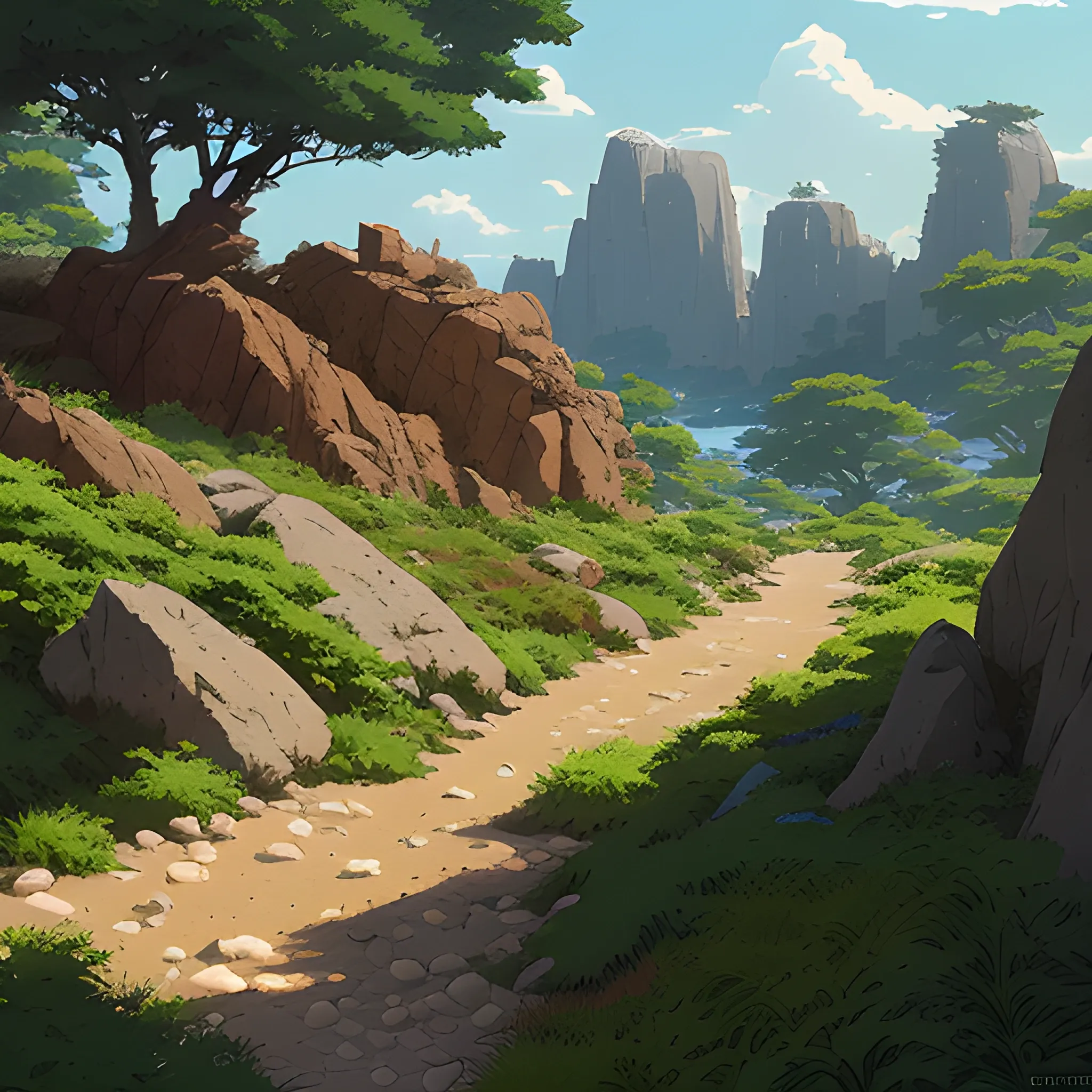 horizontal view with bush and rocks... in the style of makoto shinkai and greg rutkowski and albert bierstadt and james gurney, Cartoon