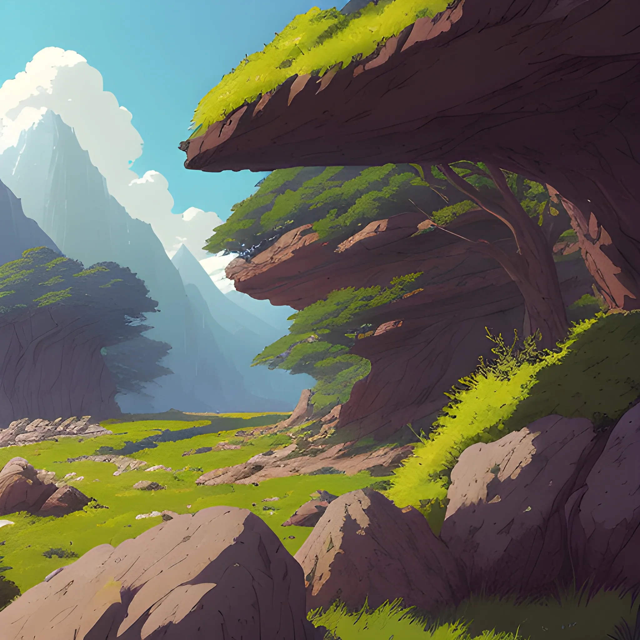 horizontal view with bush and rocks... in the style of makoto shinkai and greg rutkowski and albert bierstadt and james gurney, Cartoon