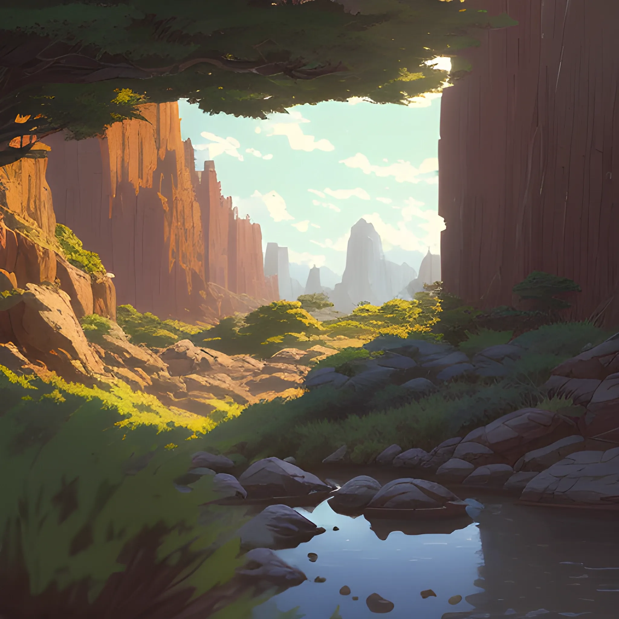 horizontal view with bush and rocks... in the style of makoto shinkai and greg rutkowski and albert bierstadt and james gurney, Cartoon