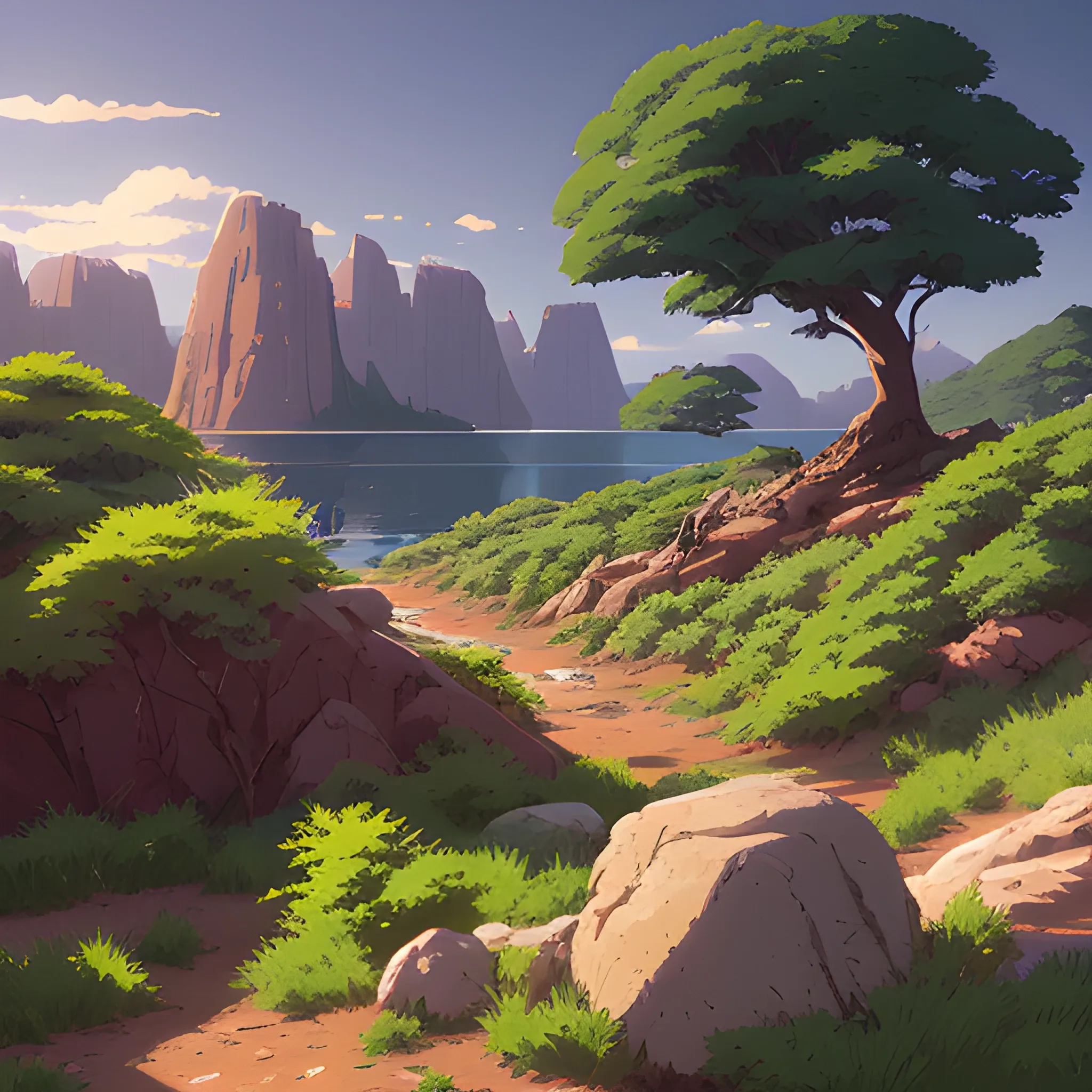 horizontal view with bush and rocks... in the style of makoto shinkai and greg rutkowski and albert bierstadt and james gurney, Cartoon