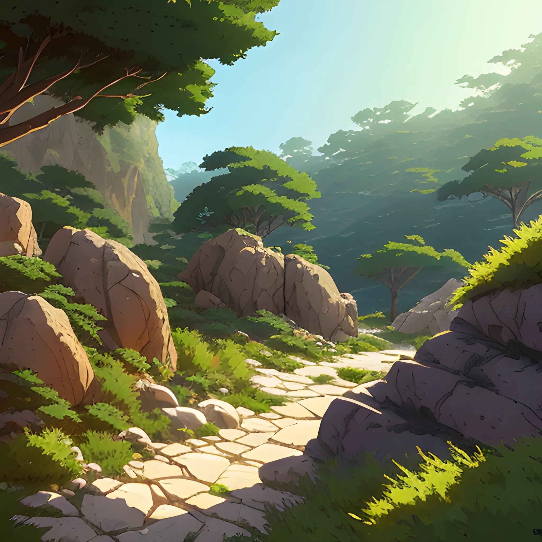 horizontal view with bush and rocks... in the style of makoto shinkai and greg rutkowski and albert bierstadt and james gurney, Cartoon