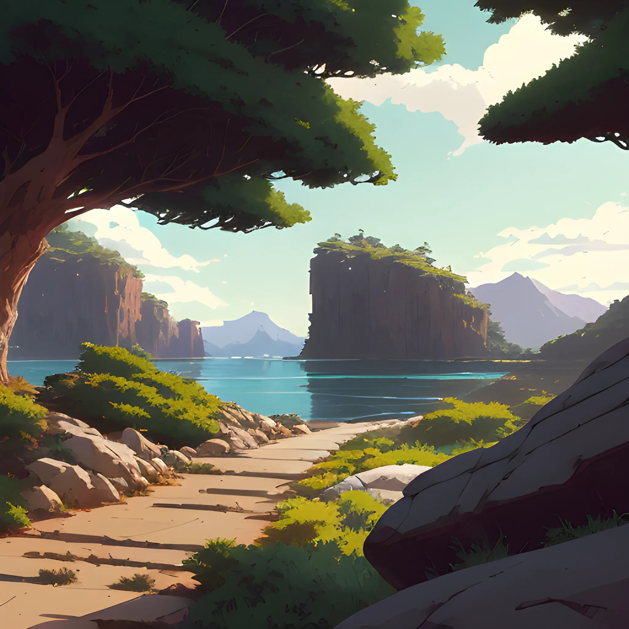 horizontal view with bush and rocks... in the style of makoto shinkai and greg rutkowski and albert bierstadt and james gurney, Cartoon