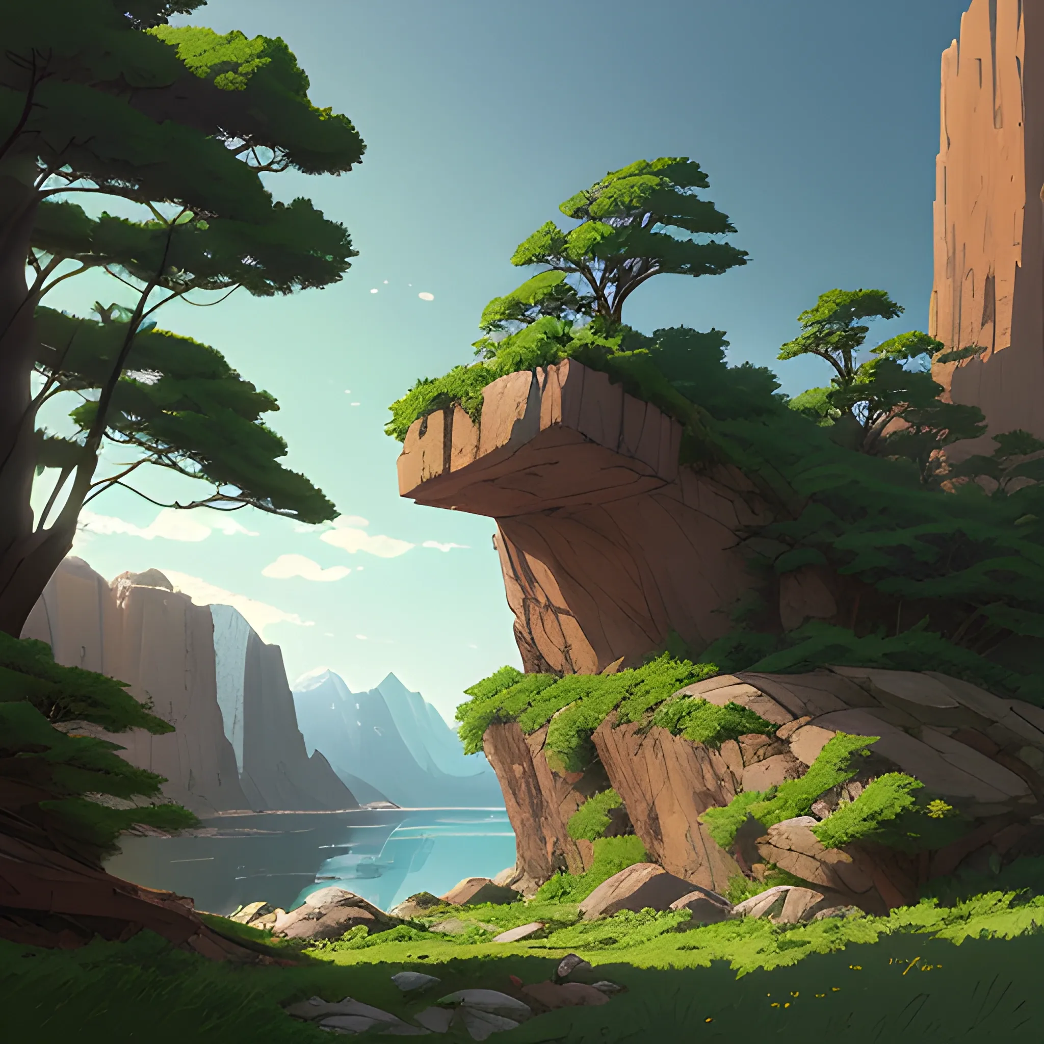 horizontal view with bush and rocks... in the style of makoto shinkai and greg rutkowski and albert bierstadt and james gurney, Cartoon