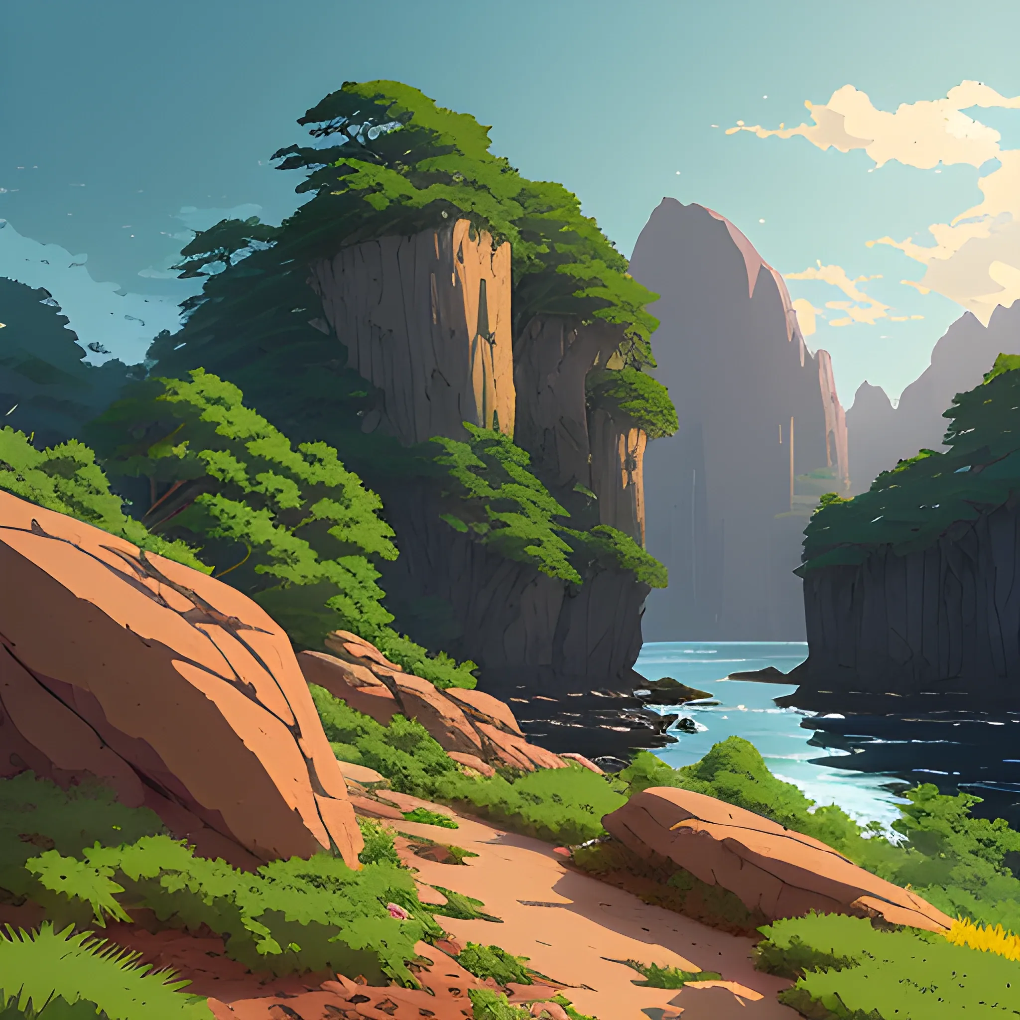 horizontal view with bush and rocks... in the style of makoto shinkai and greg rutkowski and albert bierstadt and james gurney, Cartoon