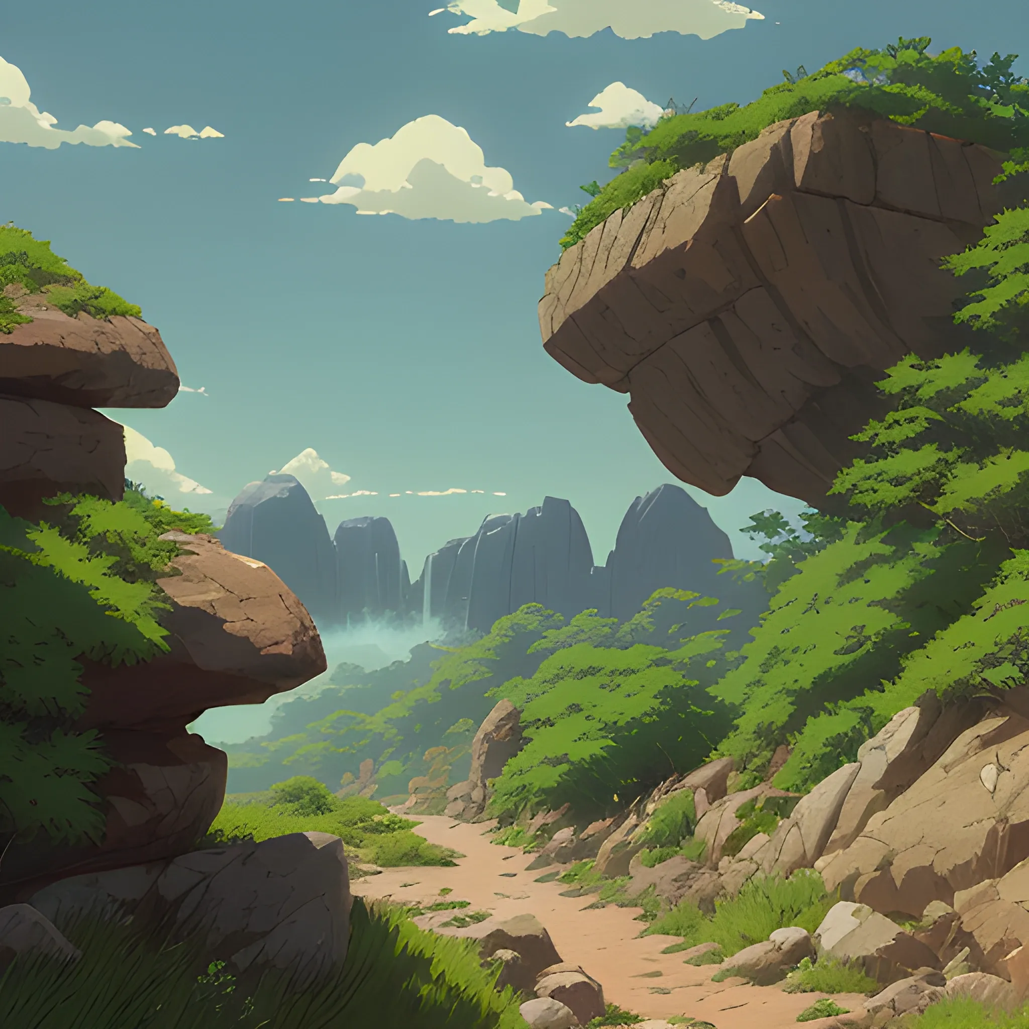 horizontal view with bush and rocks... in the style of makoto shinkai and greg rutkowski and albert bierstadt and james gurney, Cartoon