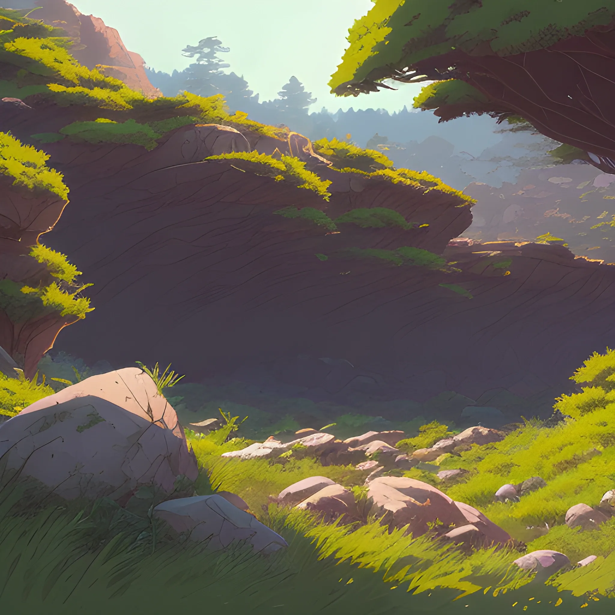 horizontal view with bush and rocks... in the style of makoto shinkai and greg rutkowski and albert bierstadt and james gurney, Cartoon