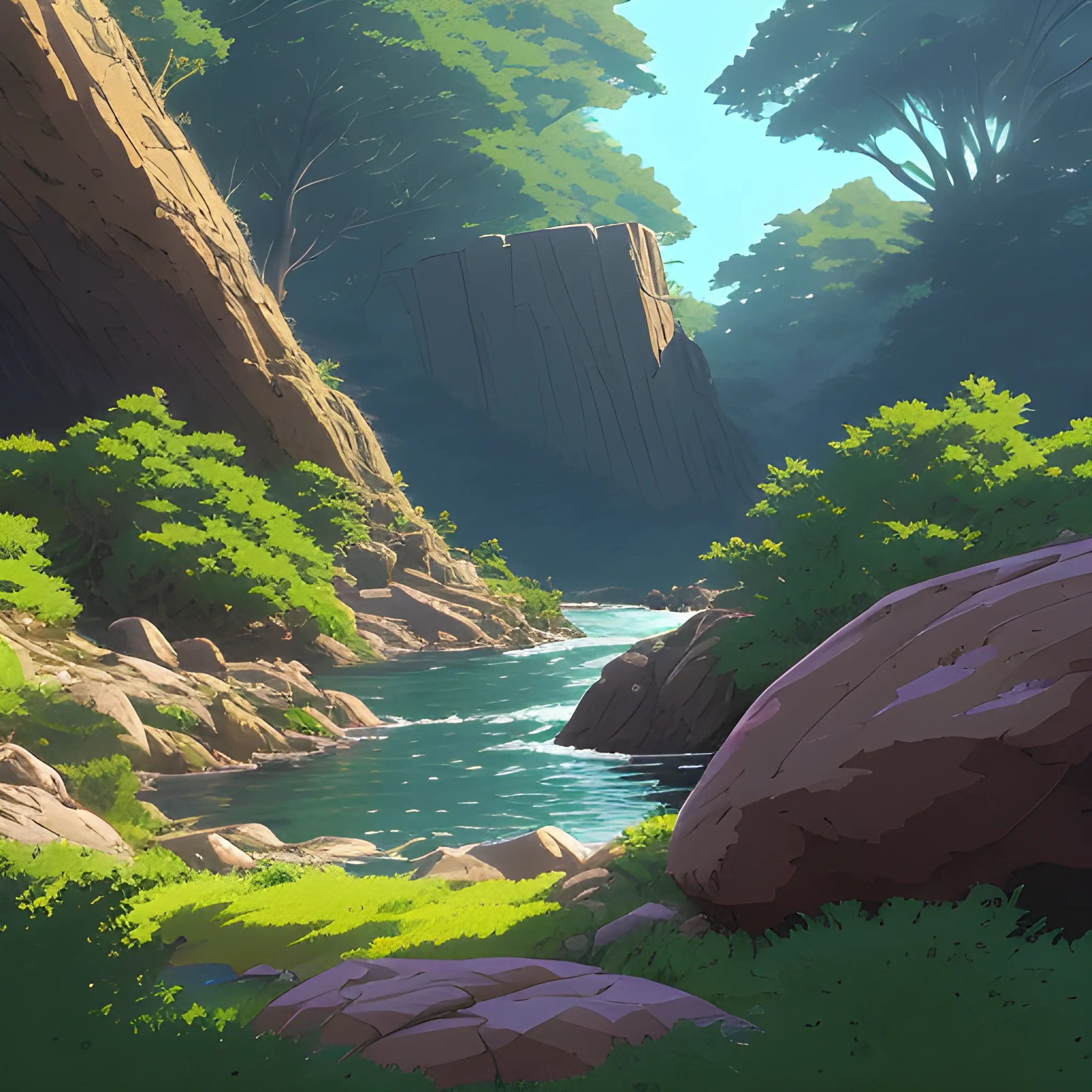 horizontal view with bush and rocks... in the style of makoto shinkai and greg rutkowski and albert bierstadt and james gurney, Cartoon