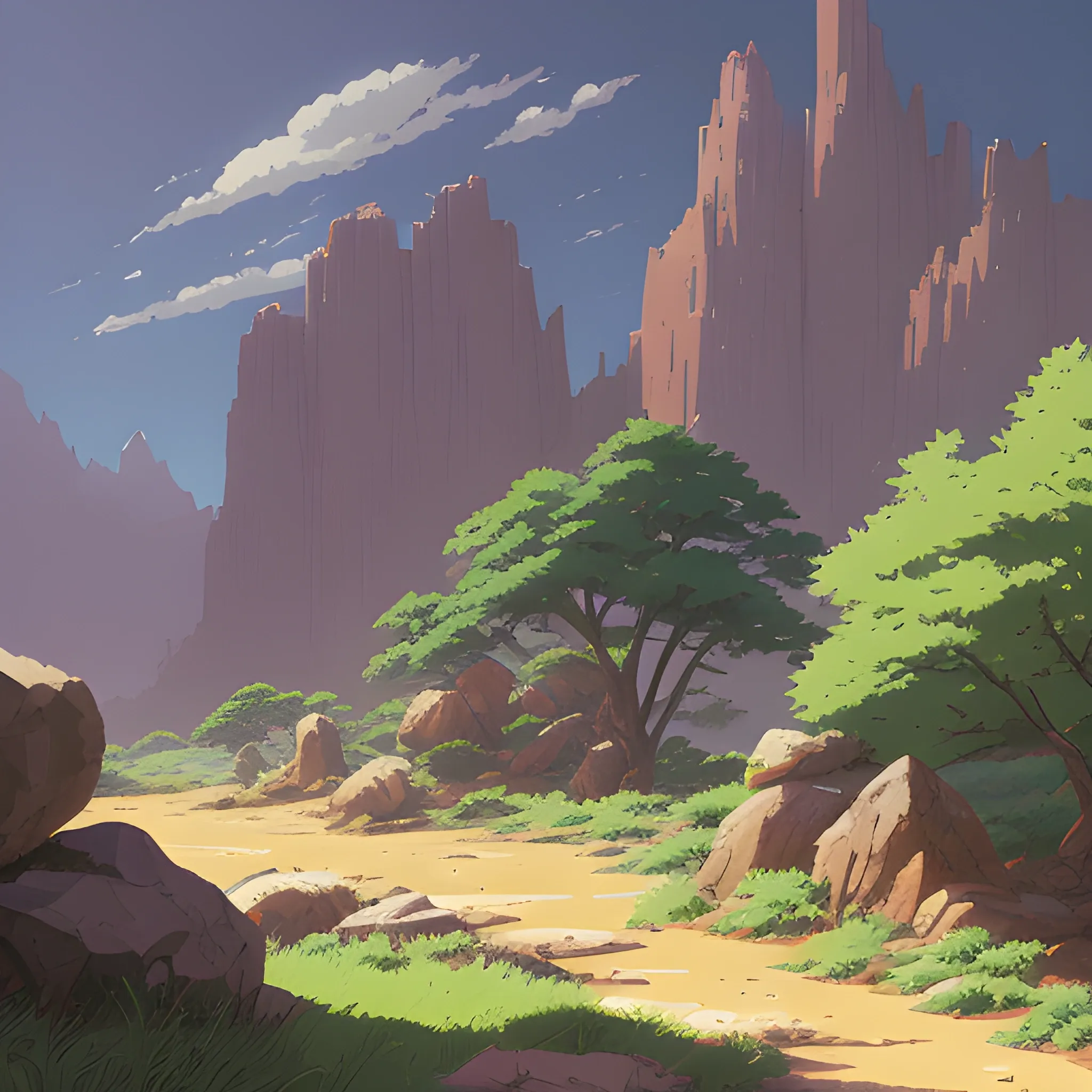 horizontal view with bush and rocks... in the style of makoto shinkai and greg rutkowski and albert bierstadt and james gurney, Cartoon