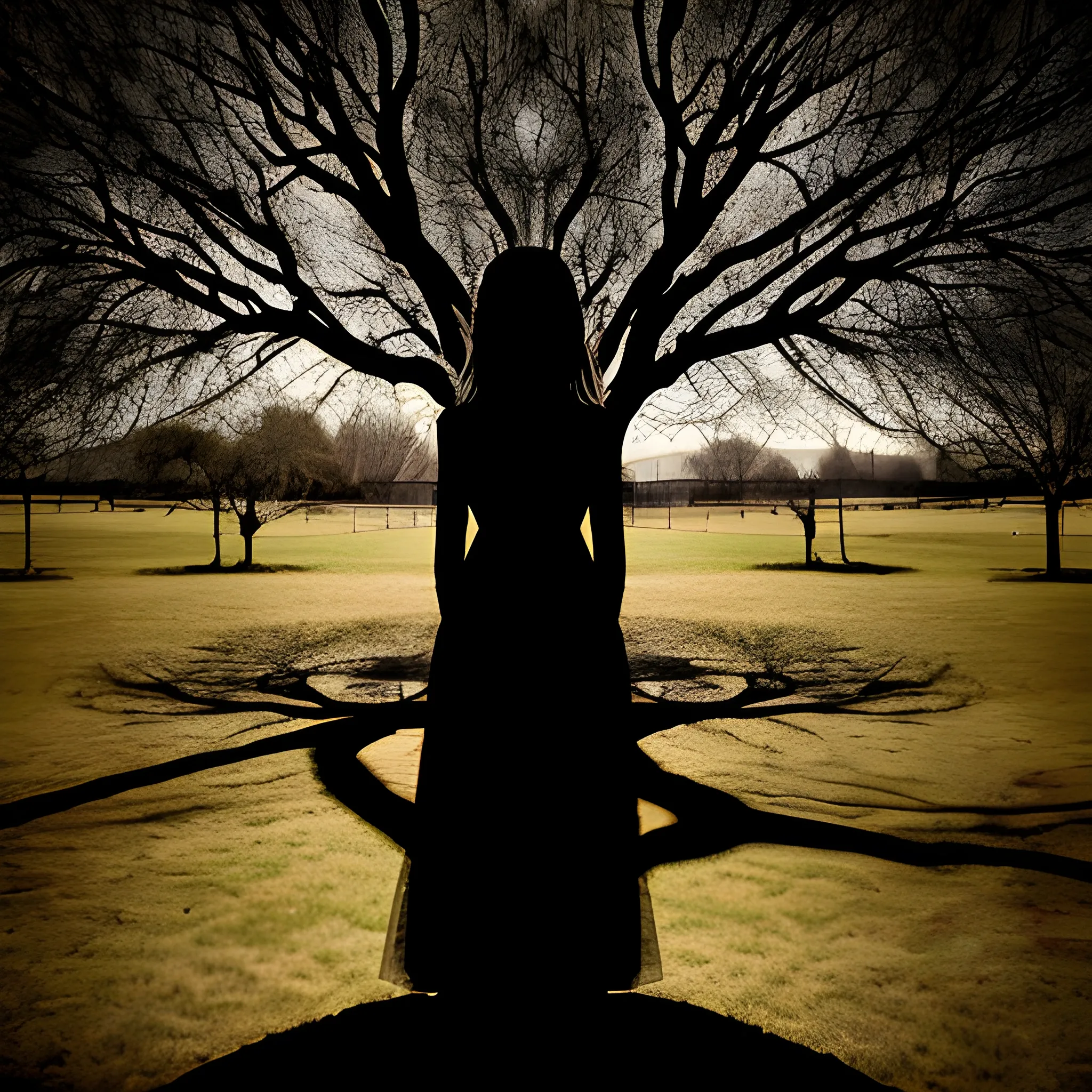 Shadow of a devil lady by a tree, has long hair 