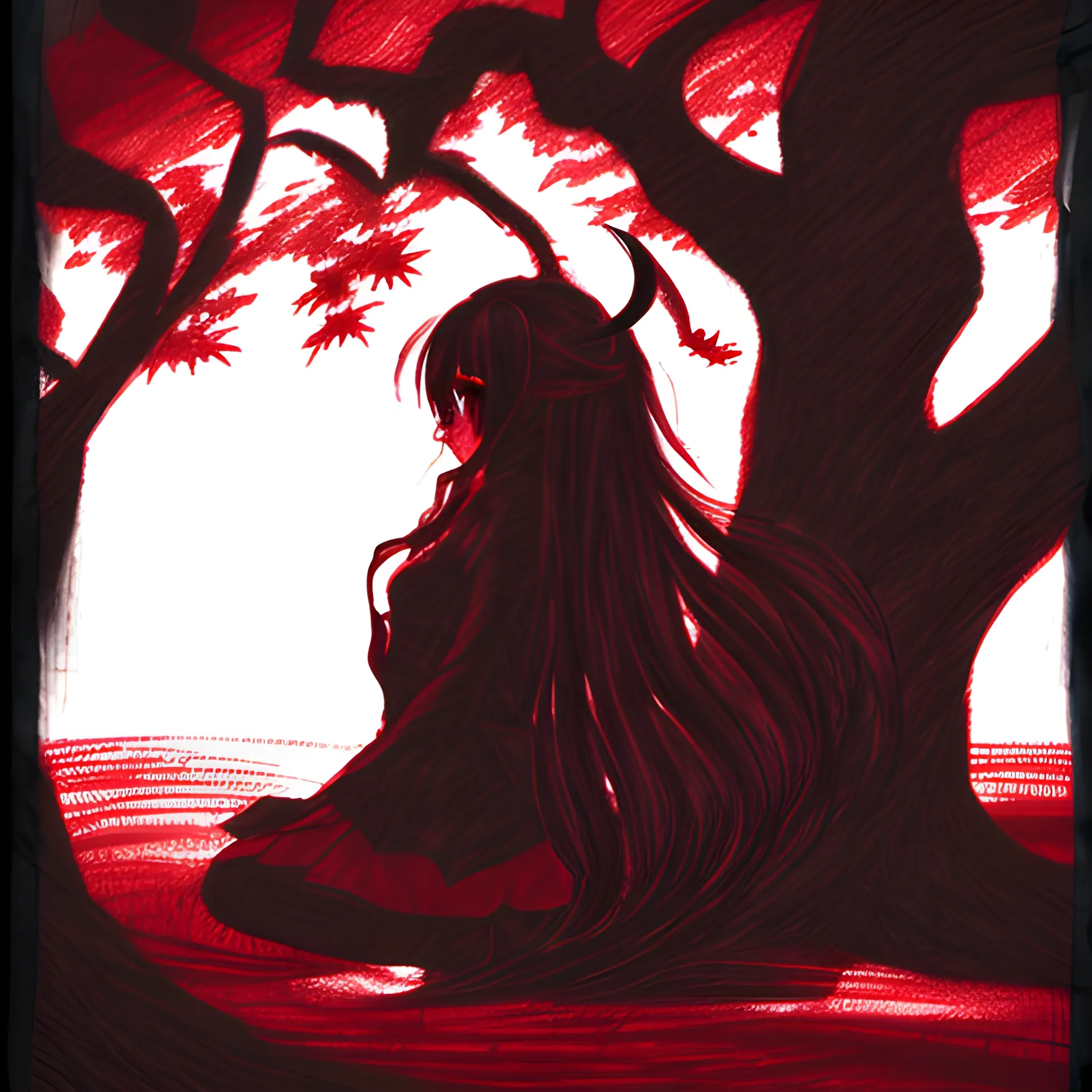 Shadow of a devil lady by a tree, has long hair, anime style, re ...