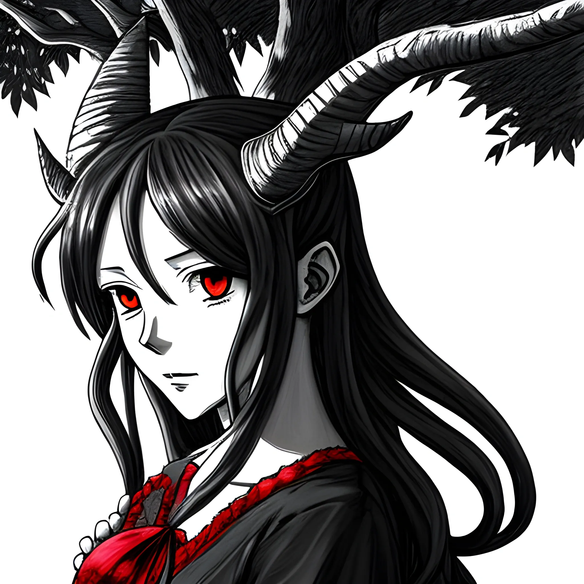 Shadow of a devil lady by a tree, has long hair, anime style, red backround., Pencil Sketch, holding an apple attached to a tree branch, horns, 