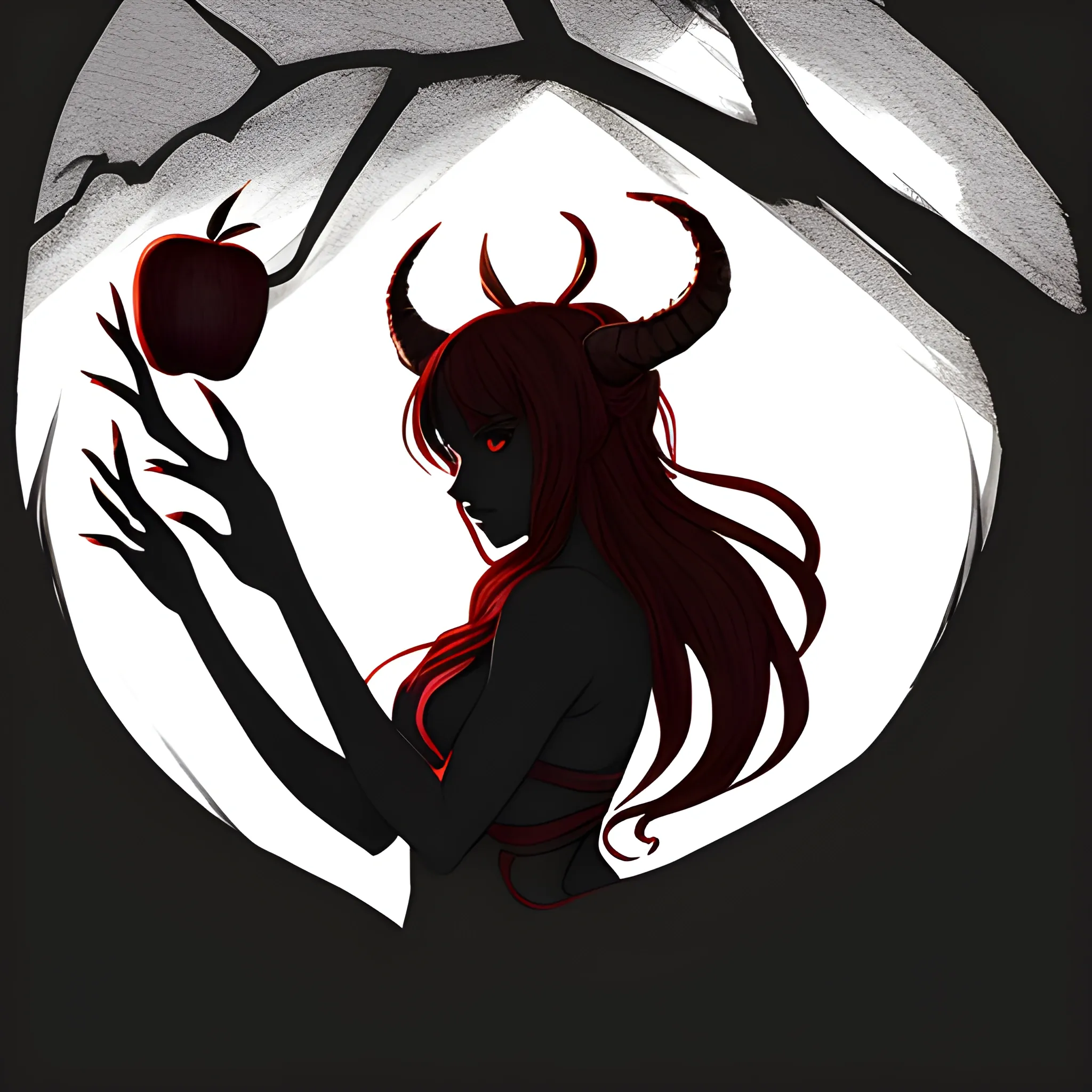 Shadow of a devil lady by a tree, has long hair, anime style, red backround., Pencil Sketch, holding an apple attached to a tree branch,  curved horns horns, dark skin, holding an apple, silhouette 