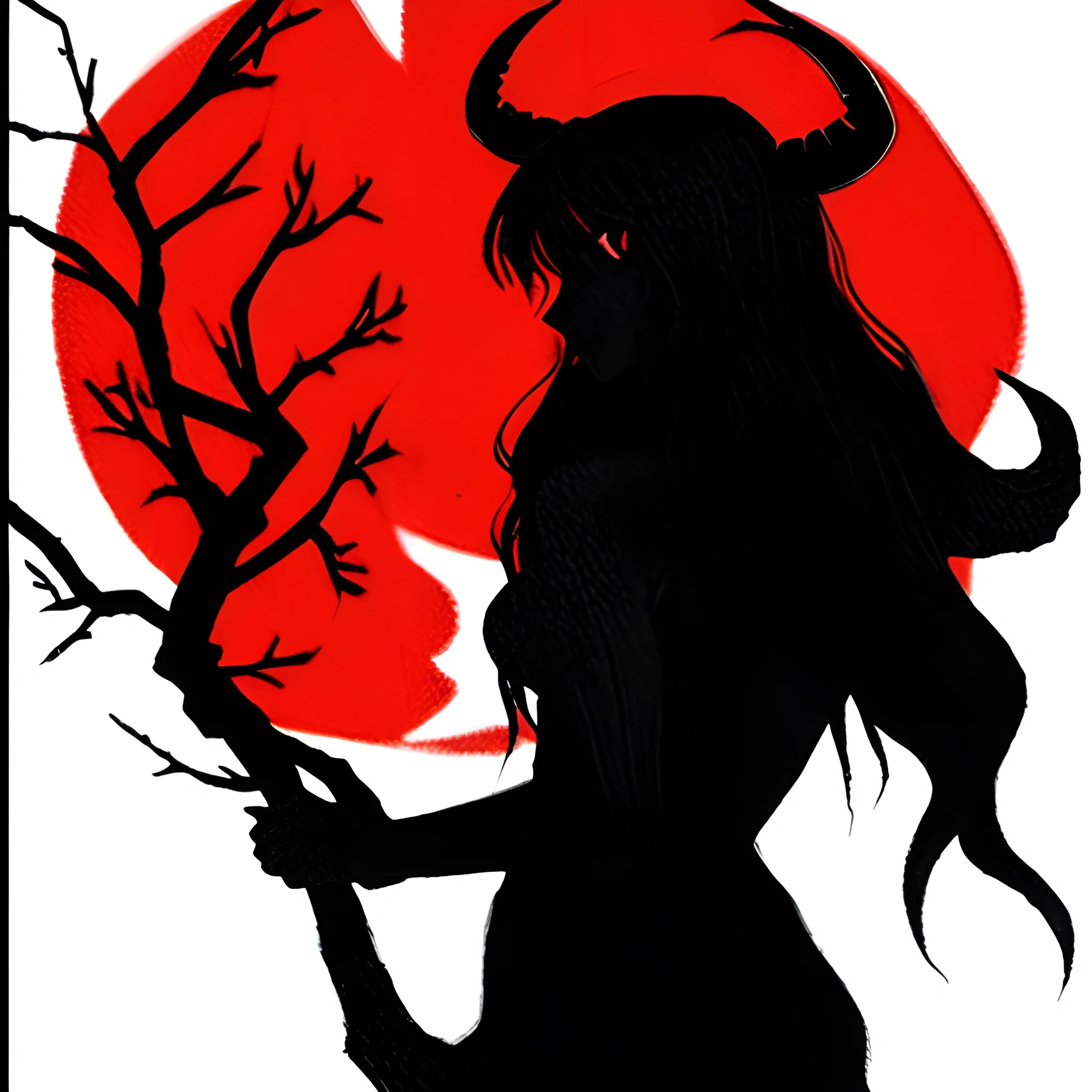 Shadow of a devil lady by a tree, has long hair, anime style, red backround., Pencil Sketch, holding an apple attached to a tree branch,  curved horns horns, dark skin, holding an apple, silhouette 