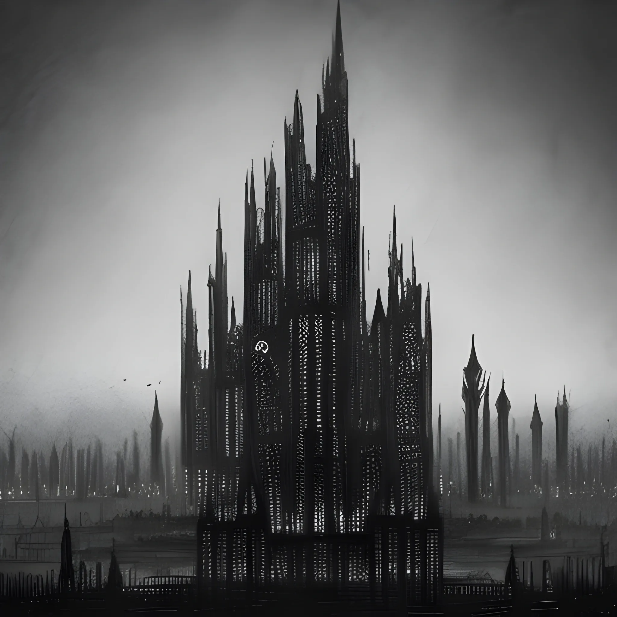 Dark silhouette of a dystopian fantasy city with tall towers, ma ...