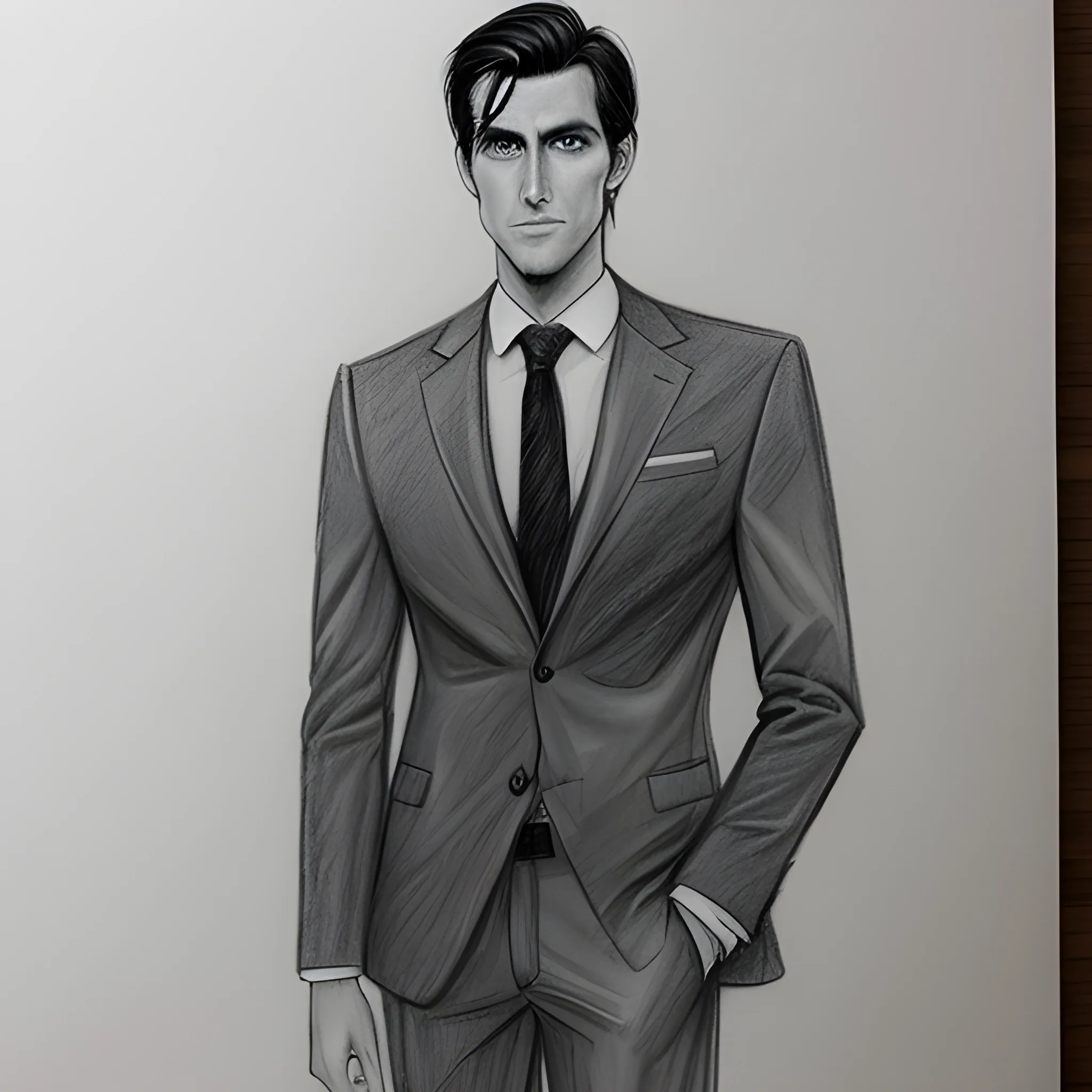 tall handsome man with dark hair bright eyes well dressed, Pencil Sketch