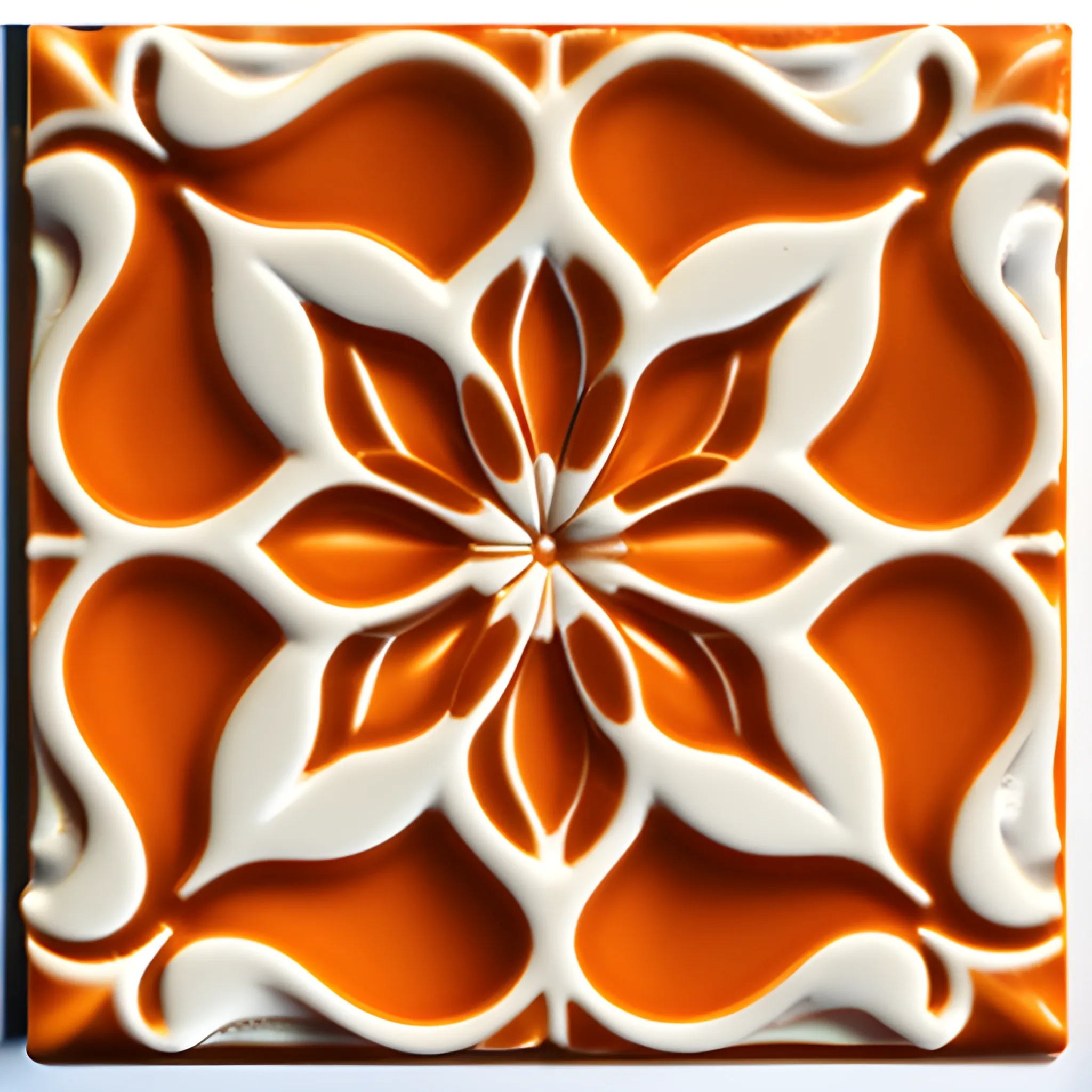 One ceramic tile. The simple flower carved in the tile is symmetrical. Orange color, clear contours, contrast sharpness, high resolution, masterpiece, minimalism style, Pencil Sketch