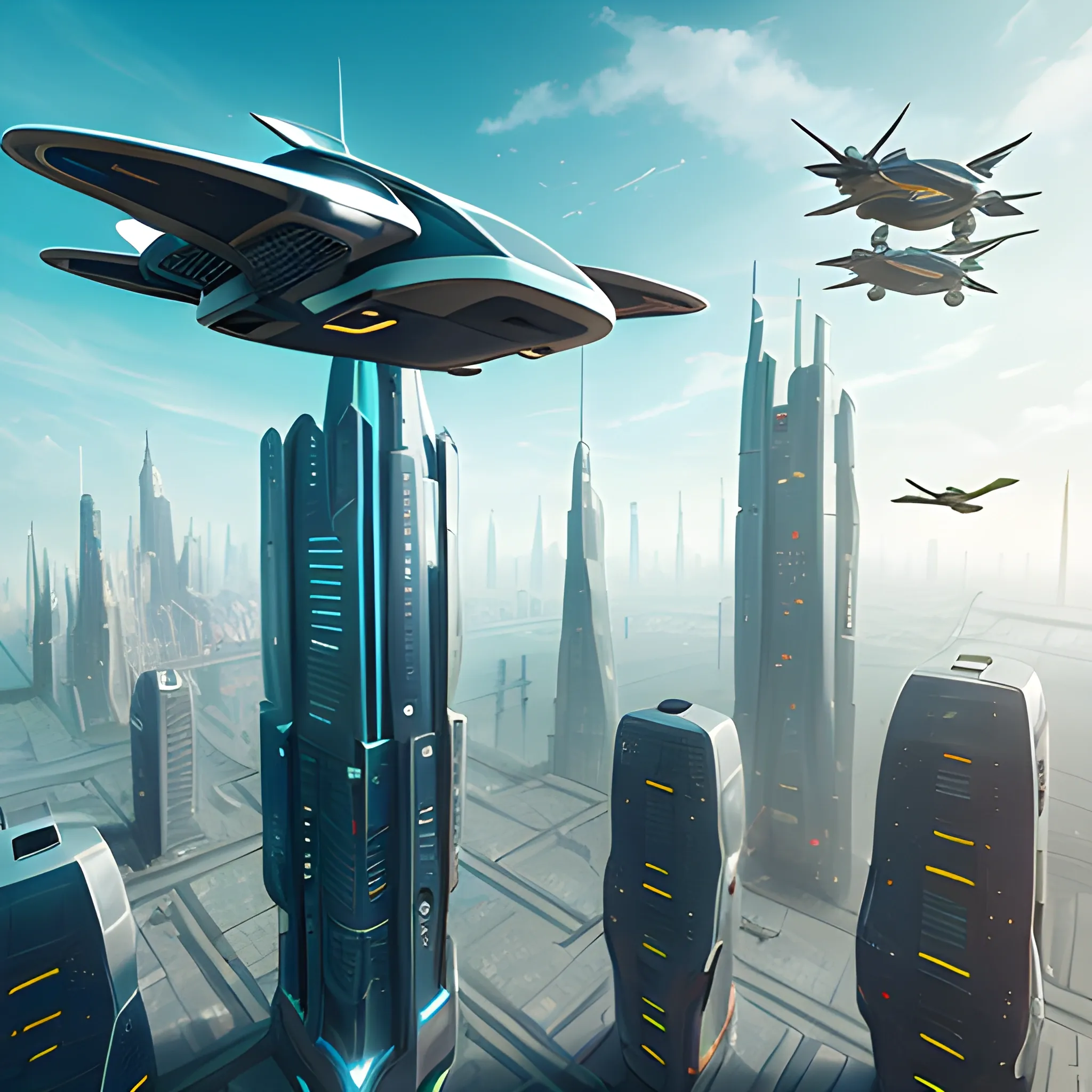 Futuristic city with flying cars, with less oxygen, and a person standing in the wall