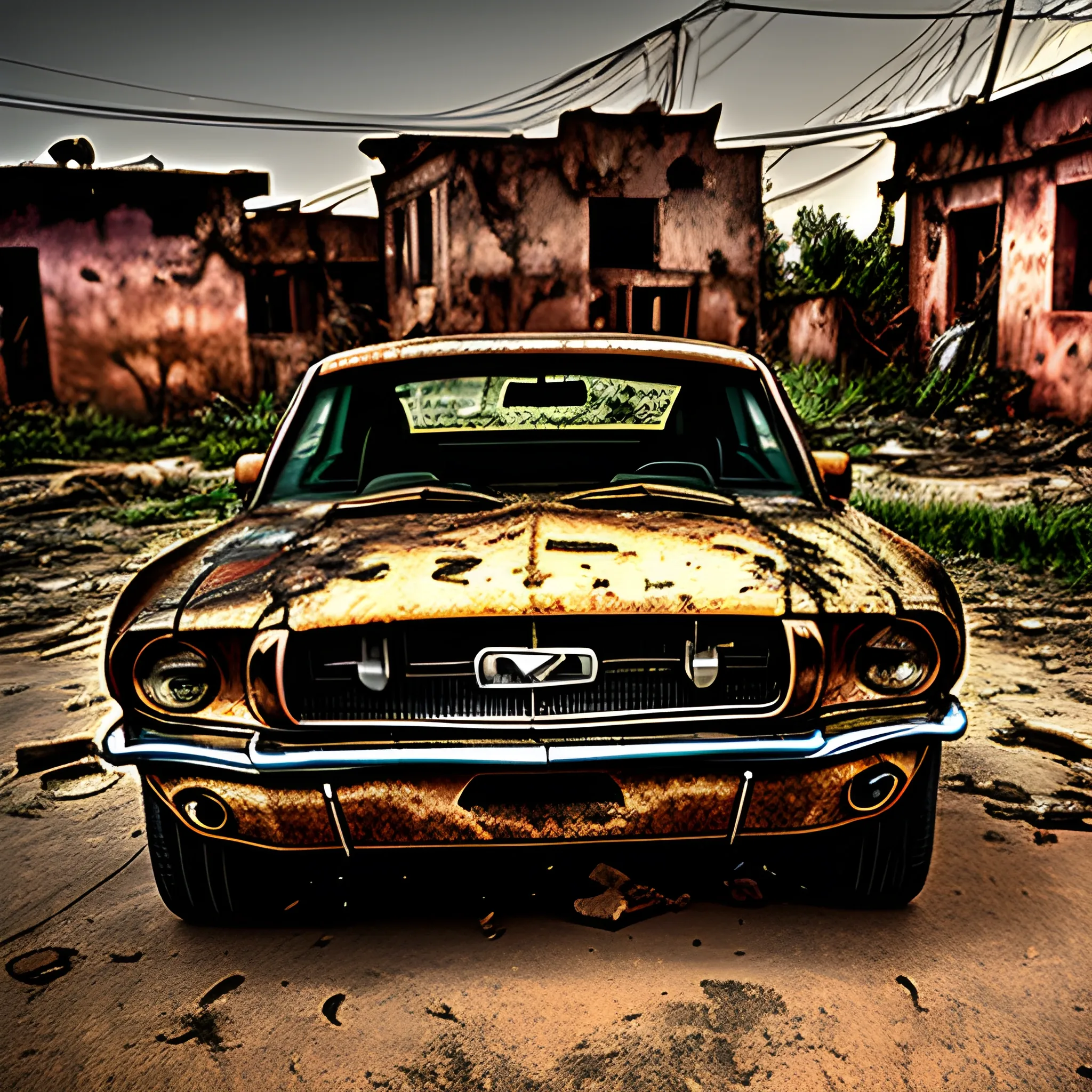 Abounded mustang car in indian abounded village , brown fog, hdr,