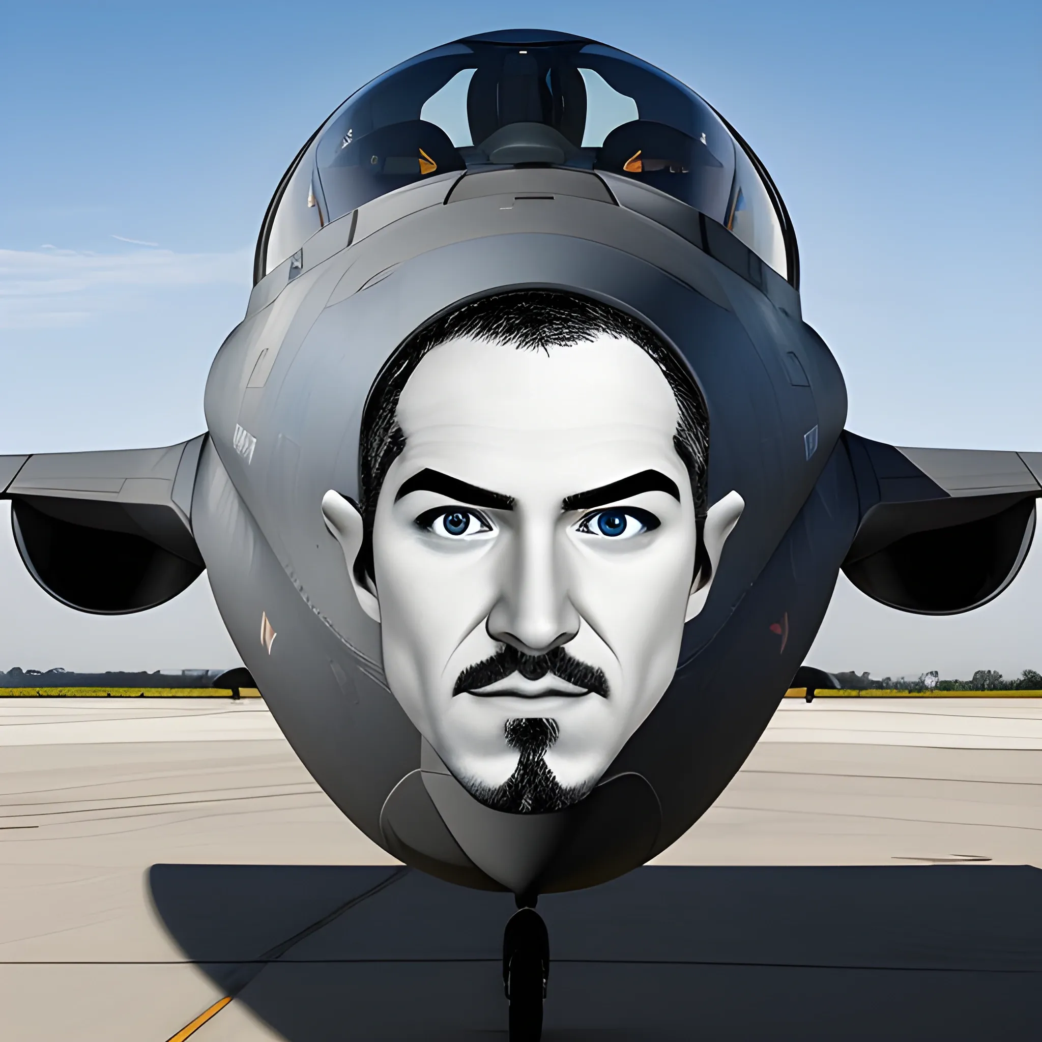 plane with a man's face, f16 fighter plane with face, face plane, very face, sideview 