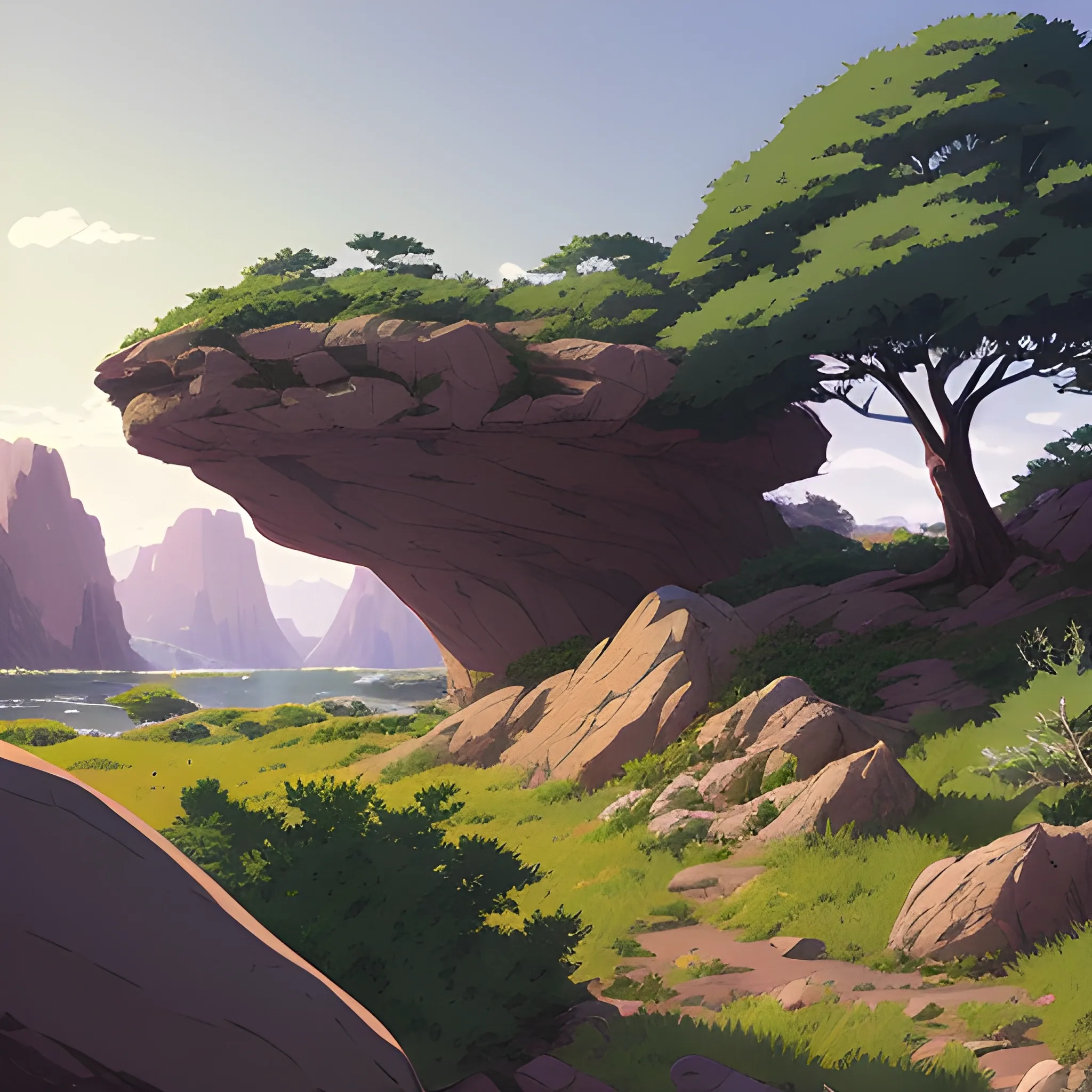 horizontal view with bush and rocks... in the style of makoto shinkai and greg rutkowski and albert bierstadt and james gurney, Cartoon