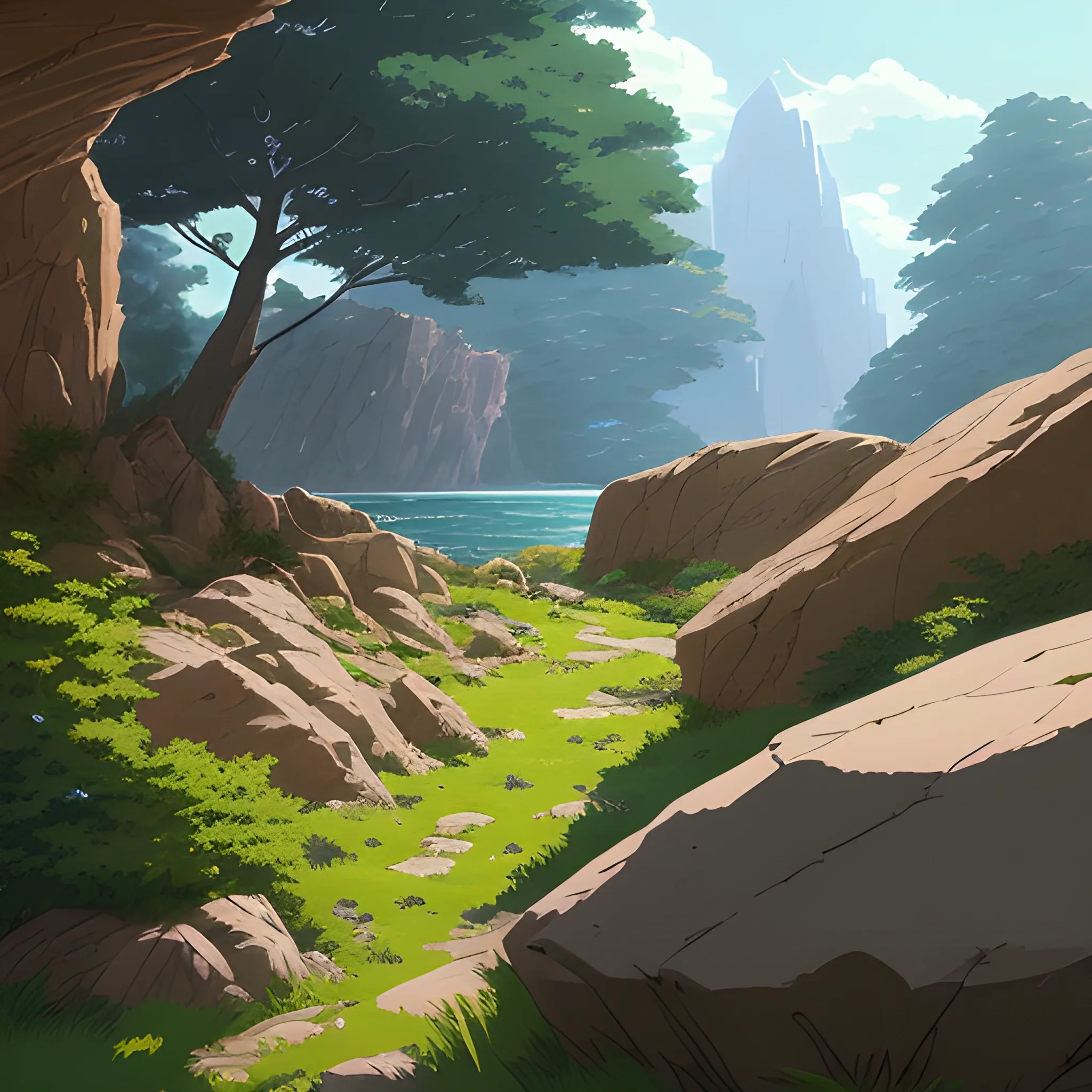 horizontal view with bush and rocks... in the style of makoto shinkai and greg rutkowski and albert bierstadt and james gurney, Cartoon