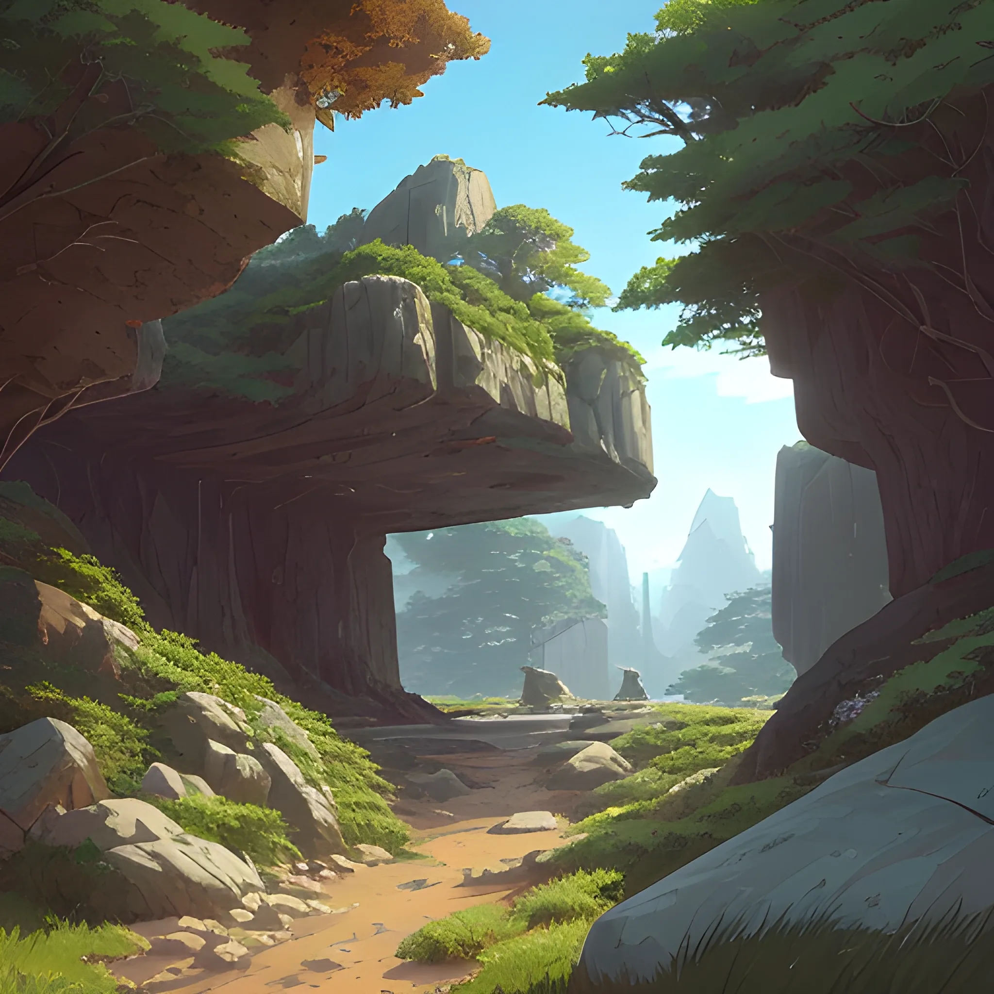 horizontal view with bush and rocks... in the style of makoto shinkai and greg rutkowski and albert bierstadt and james gurney, Cartoon