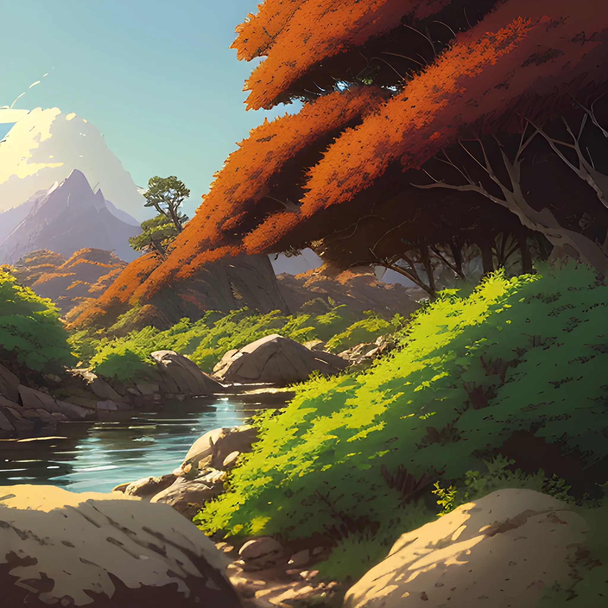 horizontal view with bush and rocks... in the style of makoto shinkai and greg rutkowski and albert bierstadt and james gurney, Cartoon