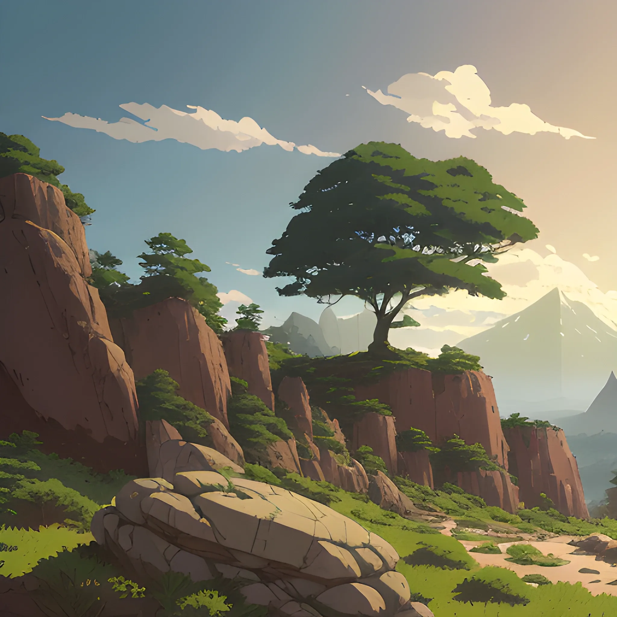 horizontal view with bush and rocks... in the style of makoto shinkai and greg rutkowski and albert bierstadt and james gurney, Cartoon