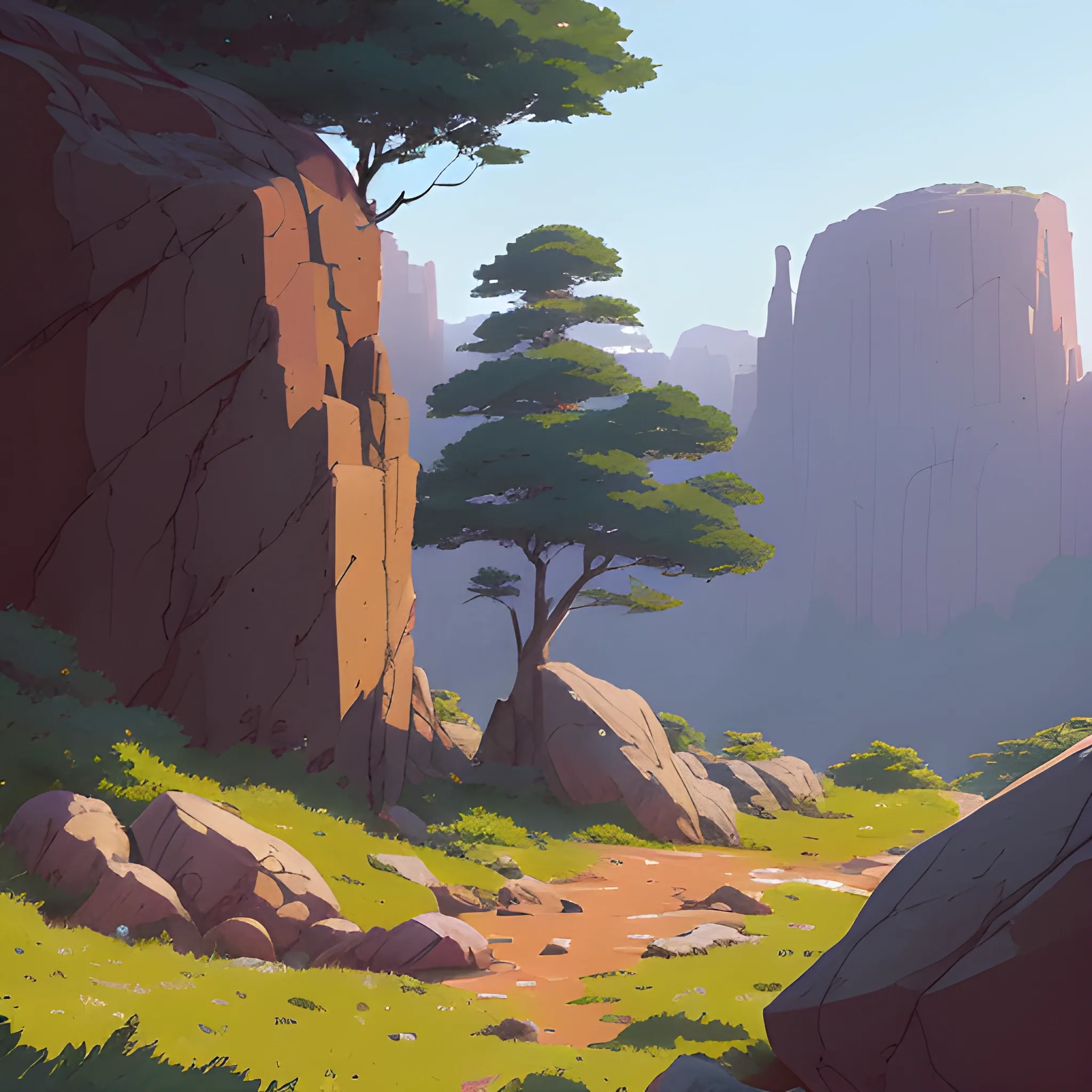 low view with bush and rocks... in the style of makoto shinkai and greg rutkowski and albert bierstadt and james gurney, Cartoon