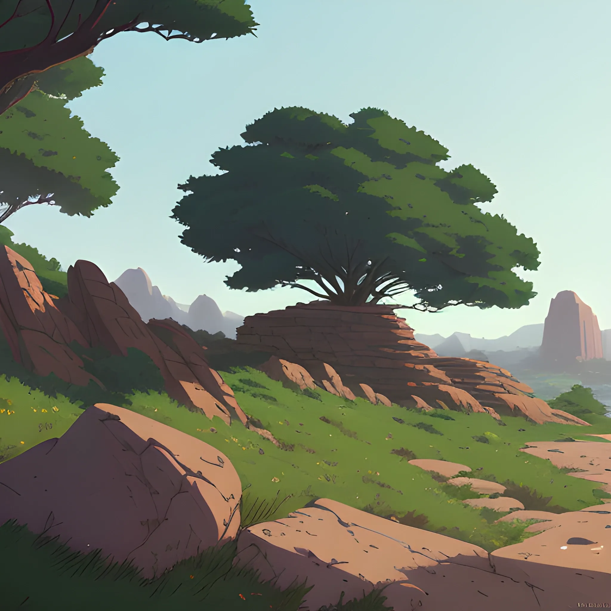 low view with bush and rocks... in the style of makoto shinkai and greg rutkowski and albert bierstadt and james gurney, Cartoon