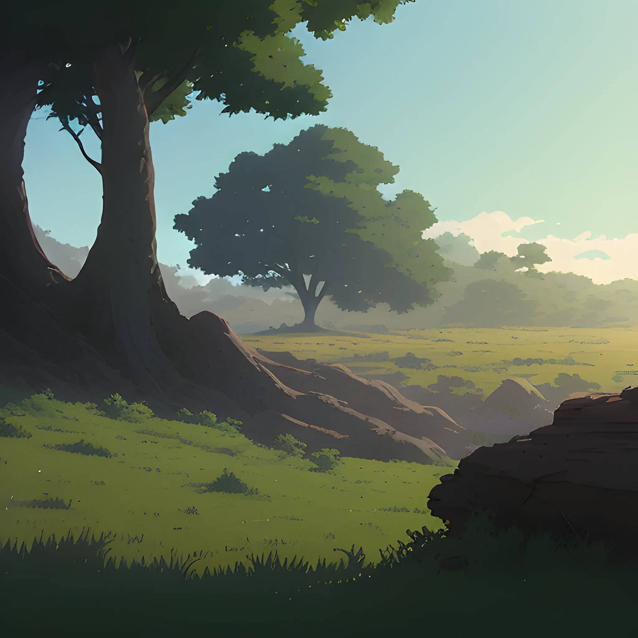 low view with bush... in the style of makoto shinkai and greg rutkowski and albert bierstadt and james gurney, Cartoon