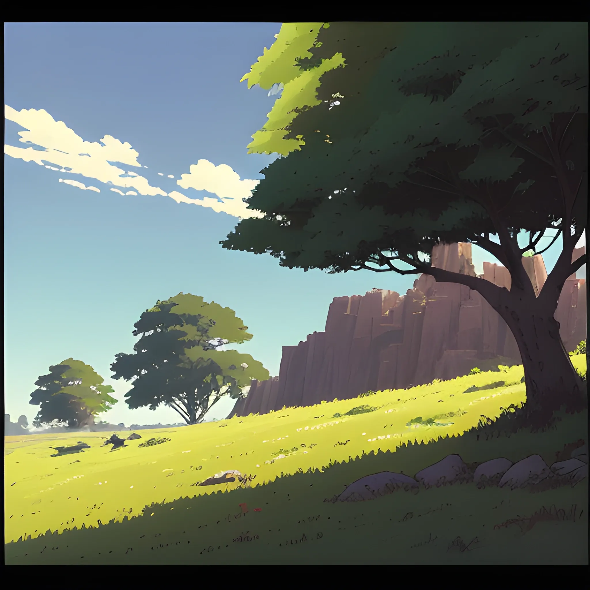 low view with bush... in the style of makoto shinkai and greg rutkowski and albert bierstadt and james gurney, Cartoon