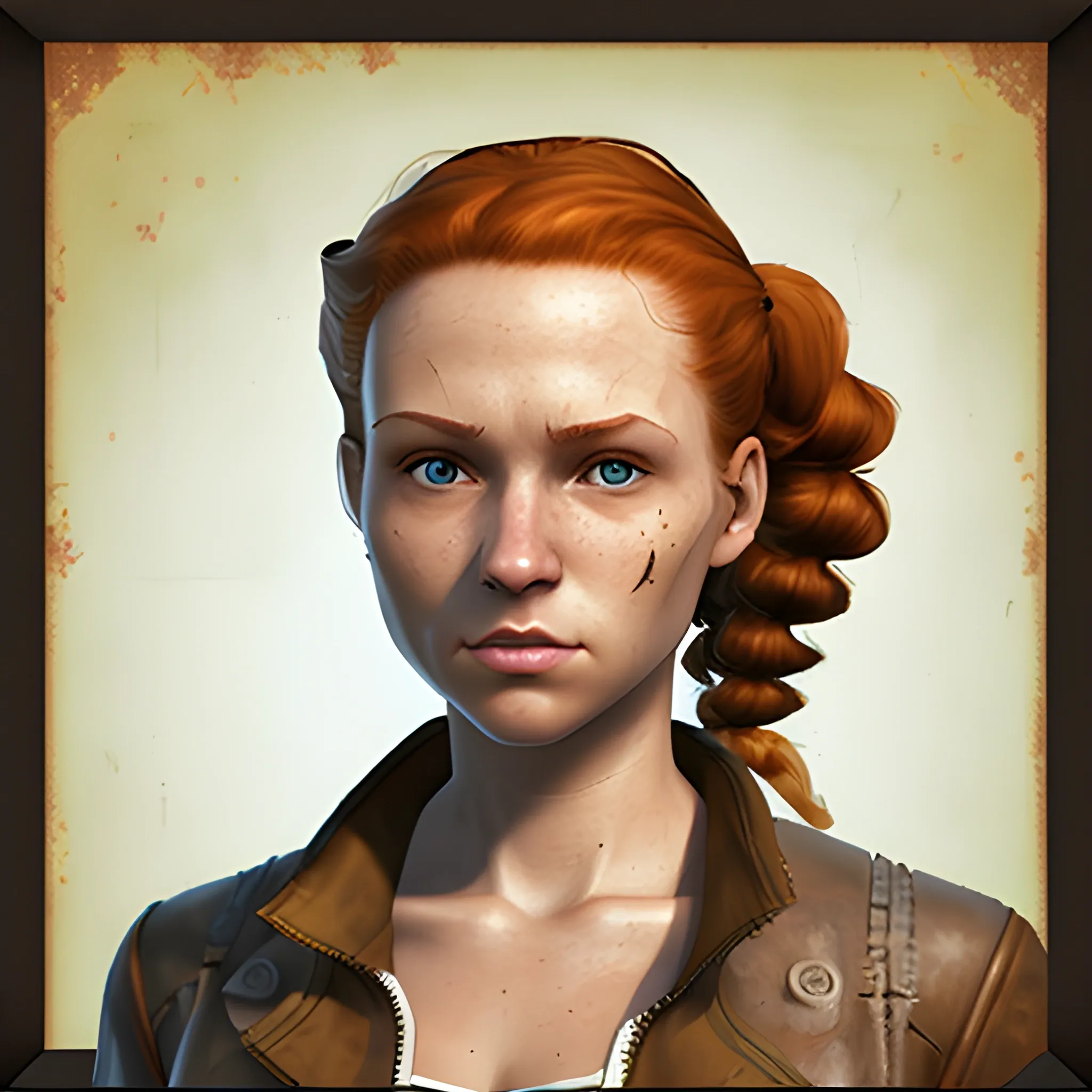 In the style of fallout 1, (masterpiece), (portrait photography), pixel art, (portrait of 26 years old white female), no makeup, flat chested, leather jacket with white shirt underneath, no bra, no bikini, average face, ginger curly ponytail hair, (hazel eyes), (frame the head), Centered image, character sheet, concept art