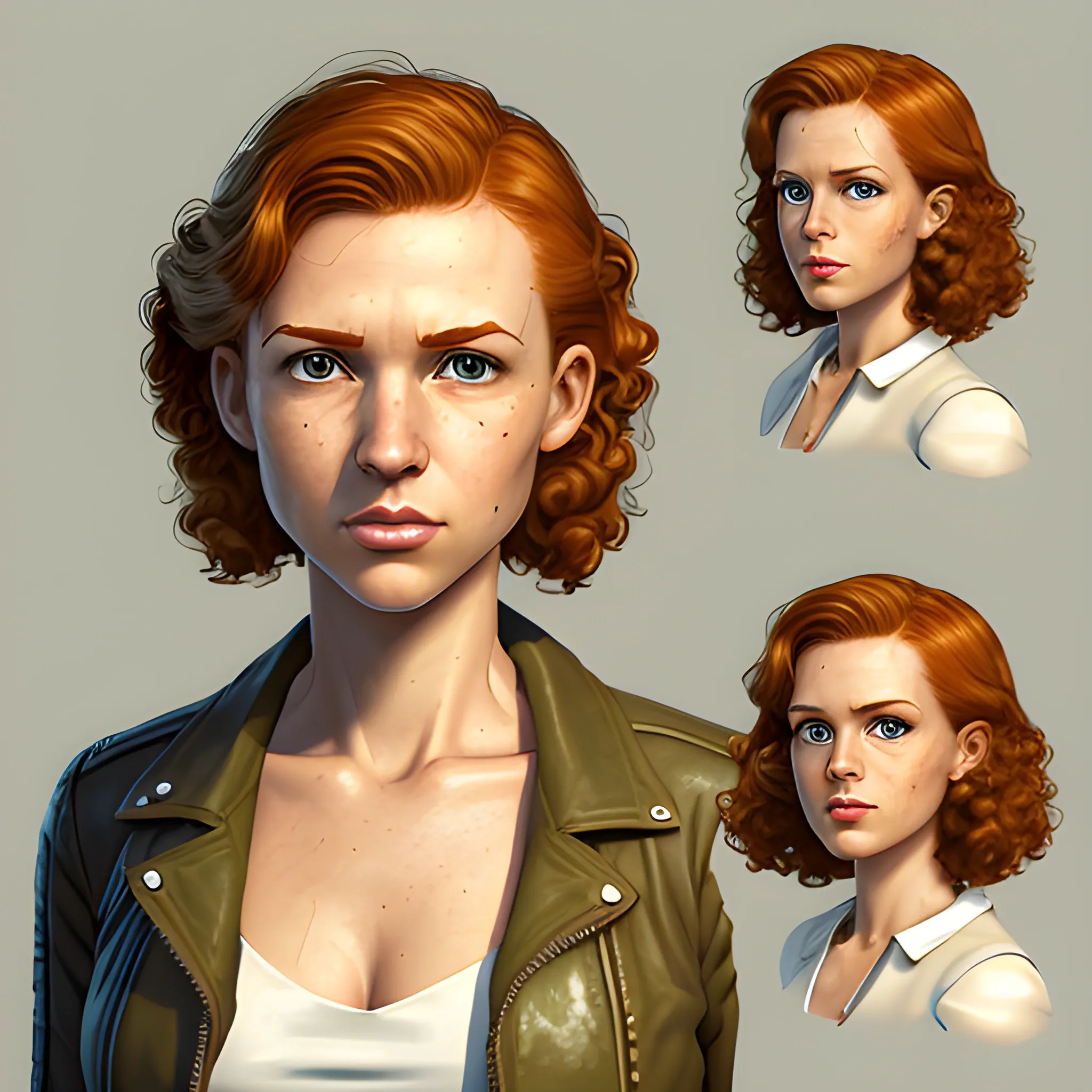 In the style of fallout 1, (masterpiece), (portrait photography), pixel art, (portrait of 26 years old white female), no makeup, flat chested, leather jacket with white dress shirt underneath, no bra, no bikini,  strong feminine average face, ginger curly medium length mullet, (hazel green eyes), (frame the head), Centered image, character sheet, concept art