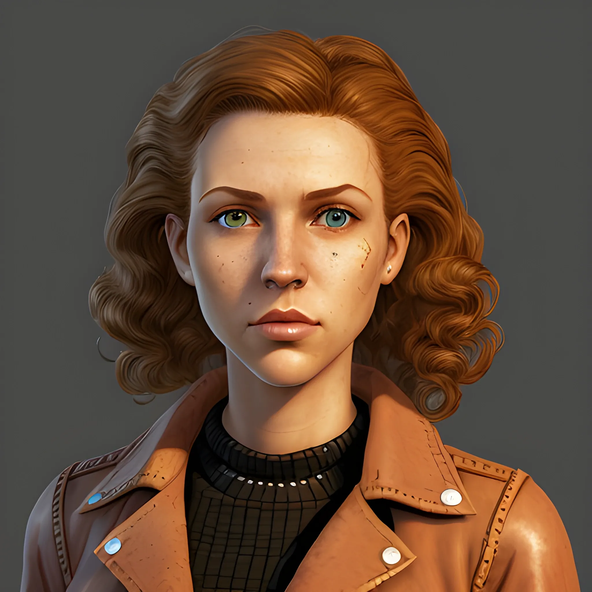 In the style of fallout 1, (masterpiece), (portrait photography), pixel art, (portrait of 26 years old white female), no makeup, flat chested, leather jacket with formal shirt, no bra, no bikini, strong feminine average face, strawberry blonde curly long length mullet, (dark brown eyes), (frame the head), Centered image, character sheet, concept art