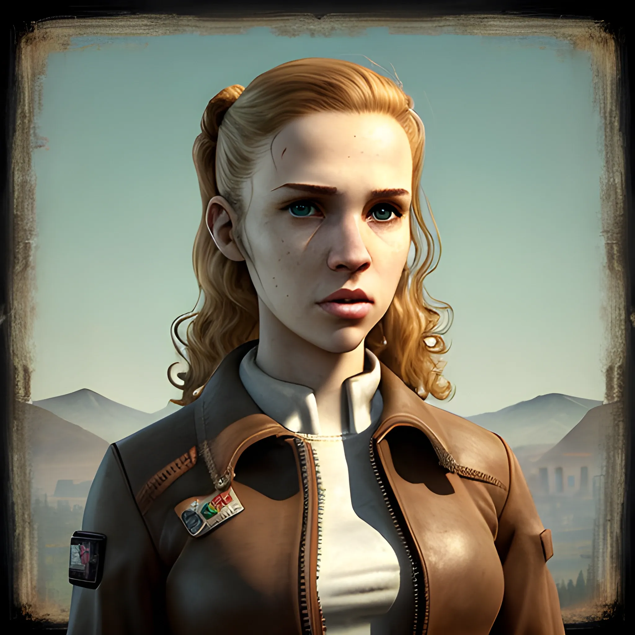 In the style of fallout 1, (masterpiece), (portrait photography), pixel art, (portrait of 26 years old white female), no makeup, flat chested, leather jacket with white formal shirt, no bra, no bikini, strong feminine average face, strawberry blonde curly long length mullet, (dark brown eyes), (frame the head), Centered image, character sheet, concept art, post apocalyptic background