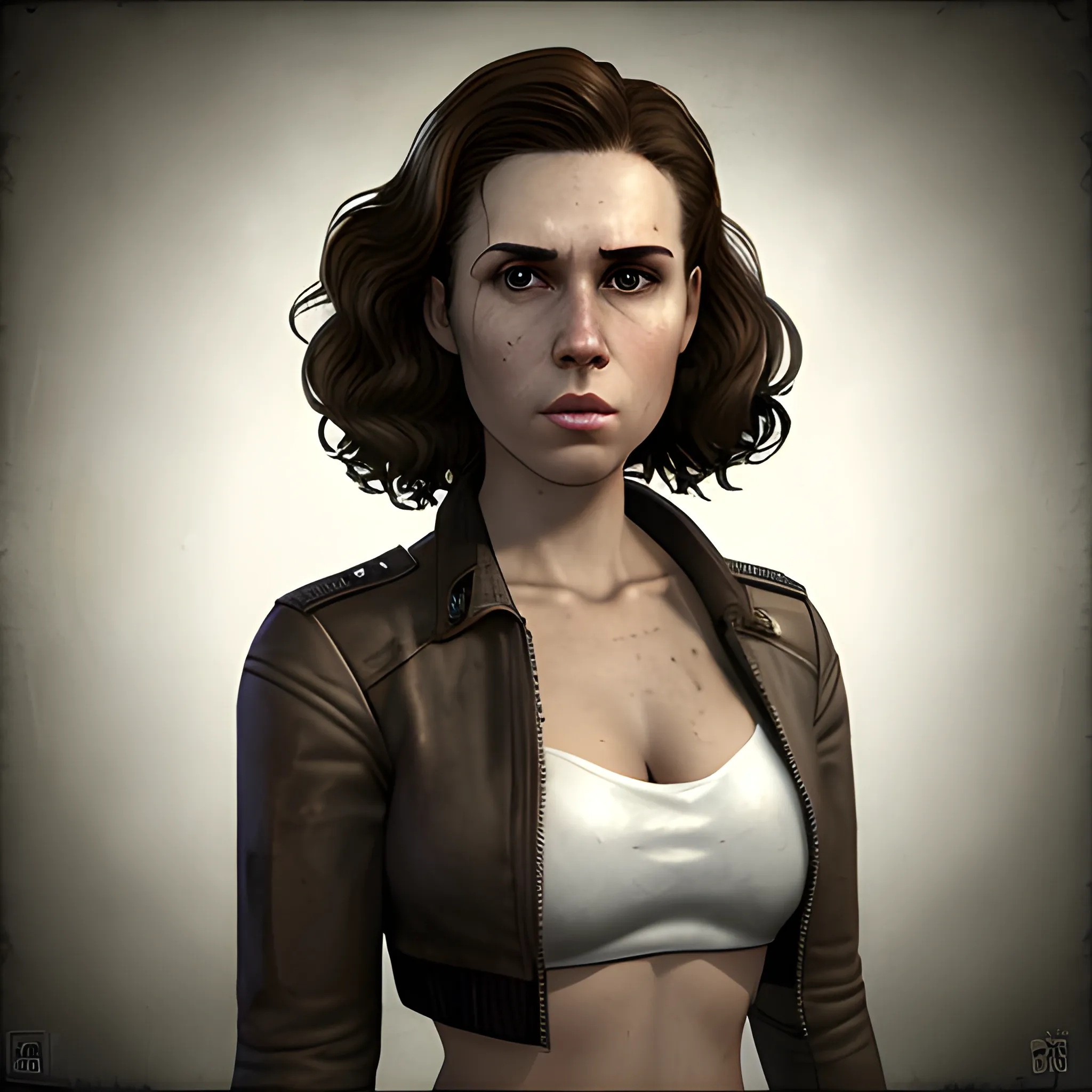 In the style of fallout 1, (masterpiece), (portrait photography), pixel art, (portrait of 26 years old white female), no makeup, flat chested, leather jacket with white formal button shirt, no bra, no bikini, strong feminine average face, dark curly long length layered hair, (dark brown eyes), (frame the head), Centered image, character sheet, concept art, post apocalyptic background