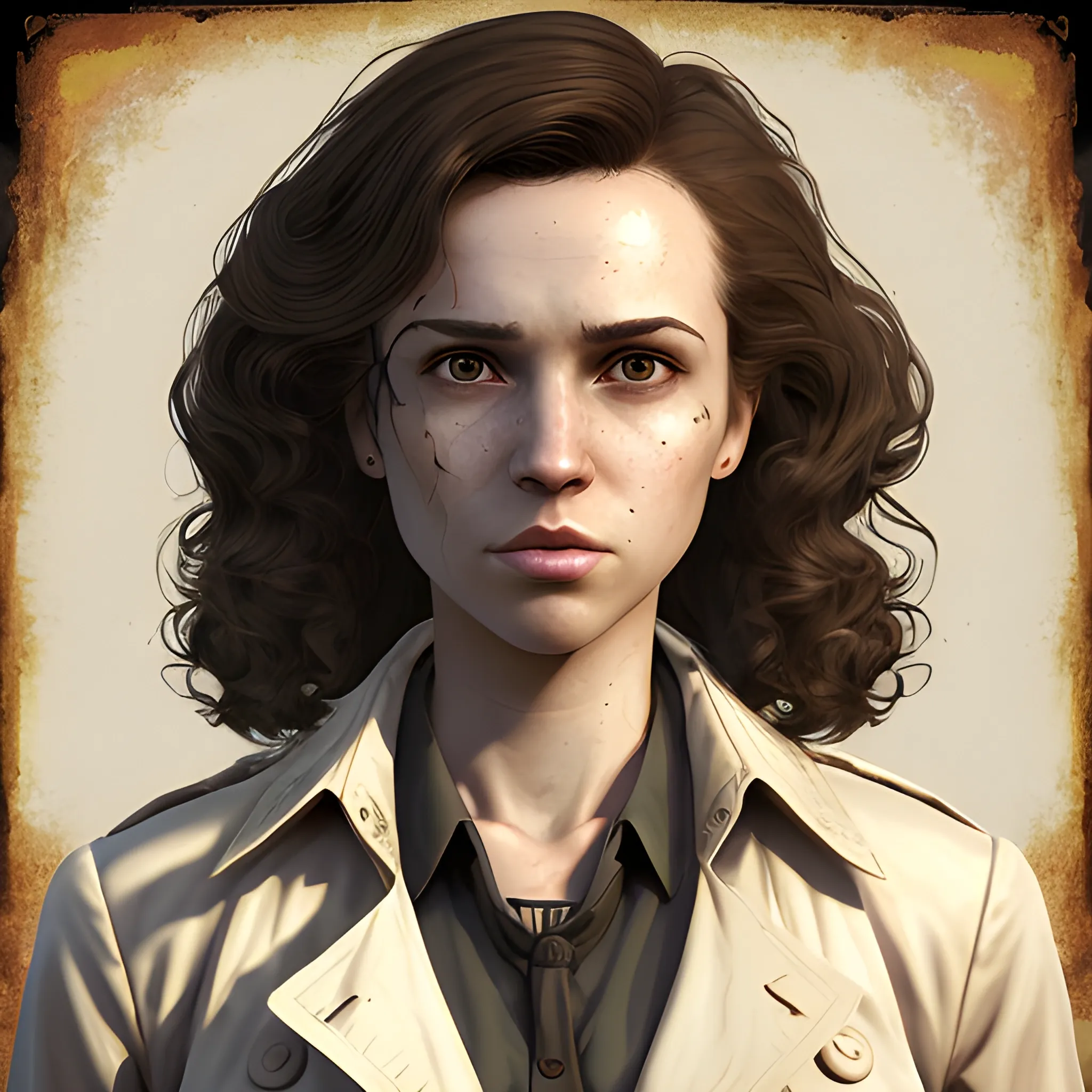 In the style of fallout 1, (masterpiece), (portrait photography), pixel art, (portrait of 26 years old white female), no makeup, flat chested, white formal shirt, trench coat, no bra, no bikini, strong feminine average face, dark curly long length layered hair, (dark brown eyes), (frame the head), Centered image, character sheet, concept art, post apocalyptic background