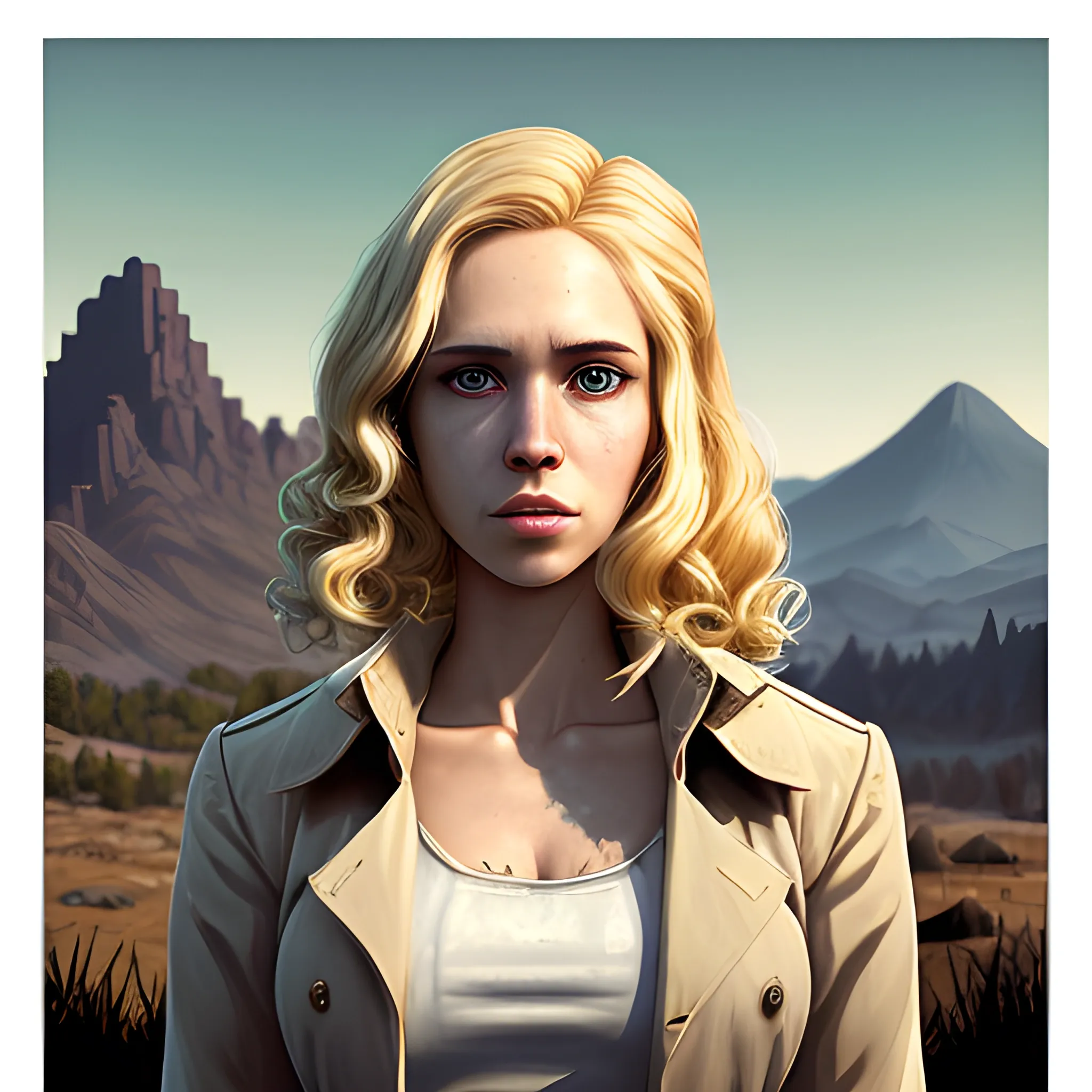 In the style of fallout 1, (masterpiece), (portrait photography), pixel art, (portrait of 26 years old white female), no makeup, flat chested, white formal shirt, trench coat, no bra, no bikini, strong feminine average face, (blonde ombre hair colour), curly long length layered hair, (dark brown eyes), (frame the head), Centered image, character sheet, concept art, post apocalyptic background, mountains background