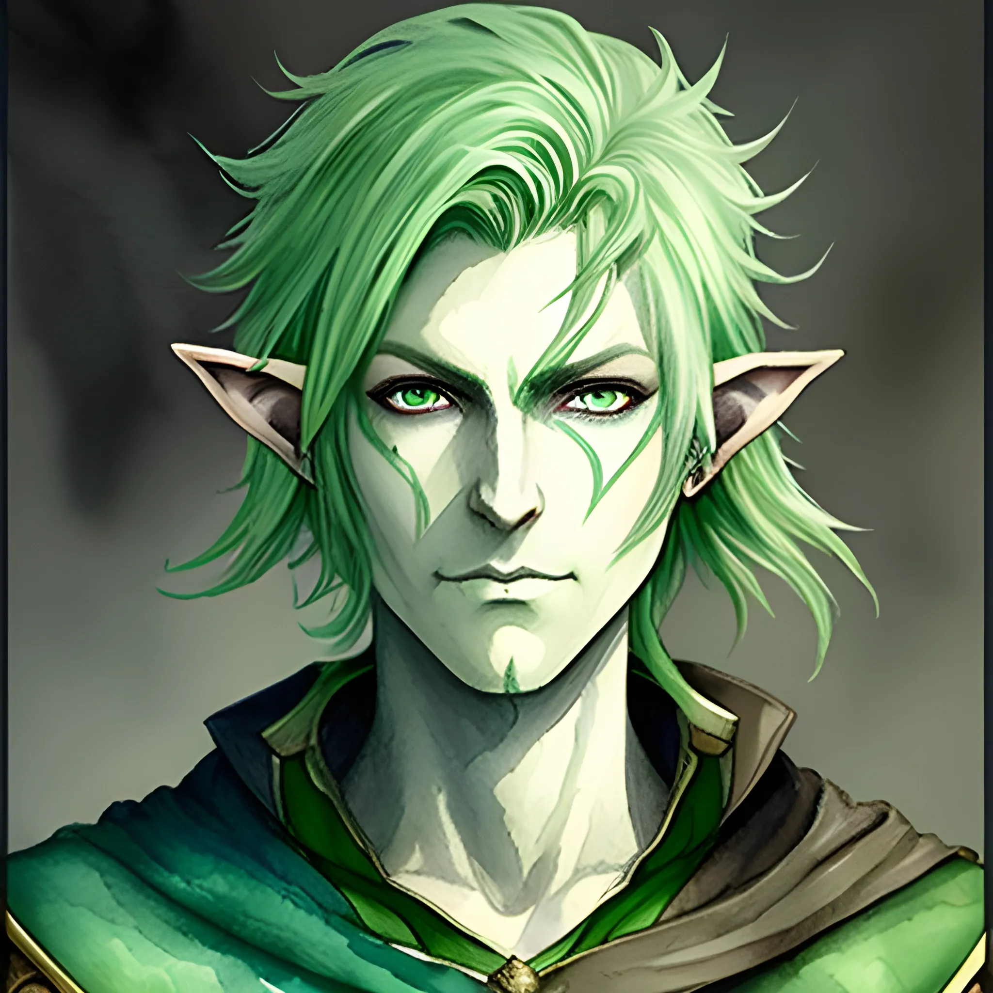 Water Color to Create a dungeons and dragons character which is an Eladrin Elf male Divine Soul Sorcerer with dark green hair and pale green skin, 